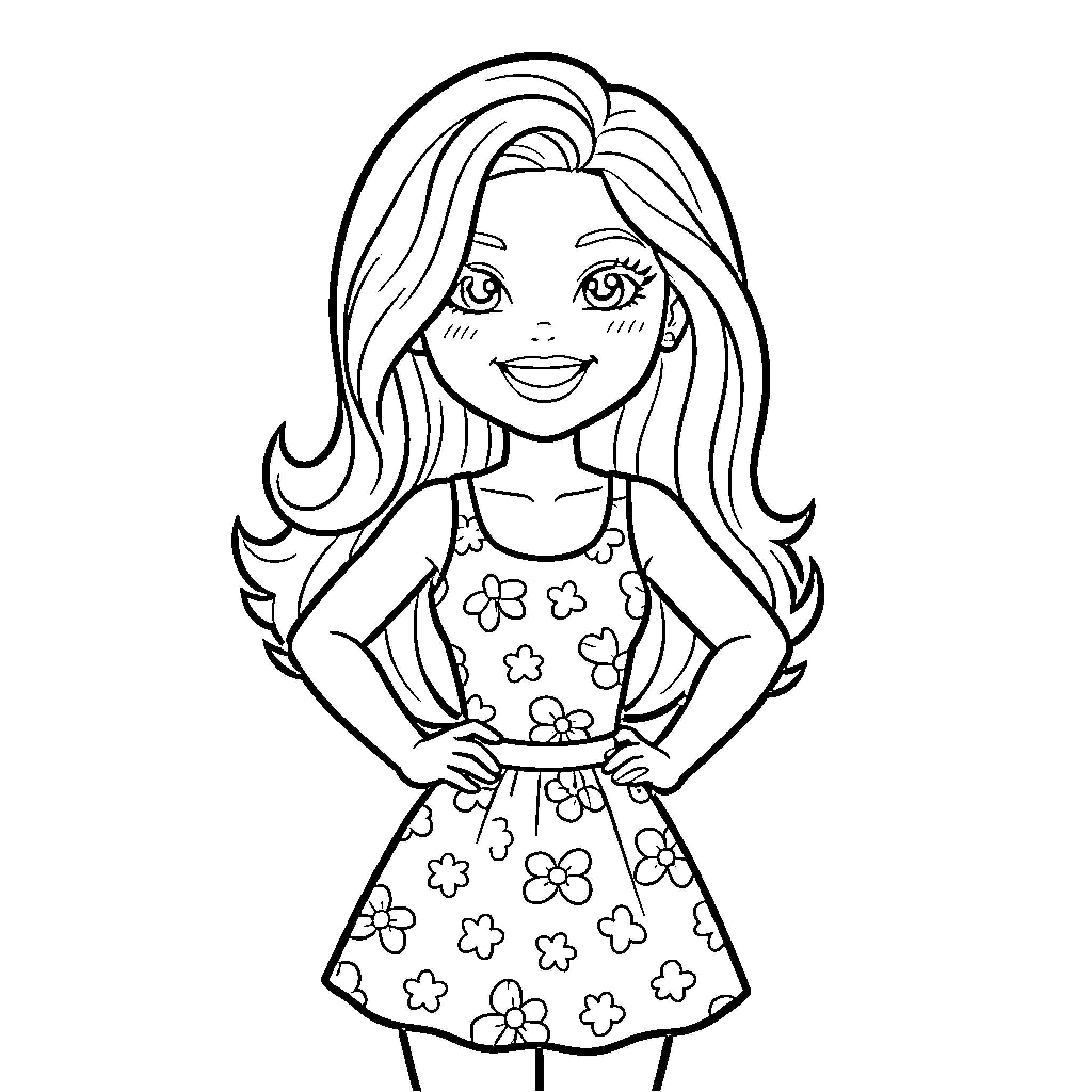 Barbie with floral dress and happy expression Coloring Page (free black-and-white line drawing printable PDF for all, from beginners to advanced learners, including children, teens, adults, and seniors)