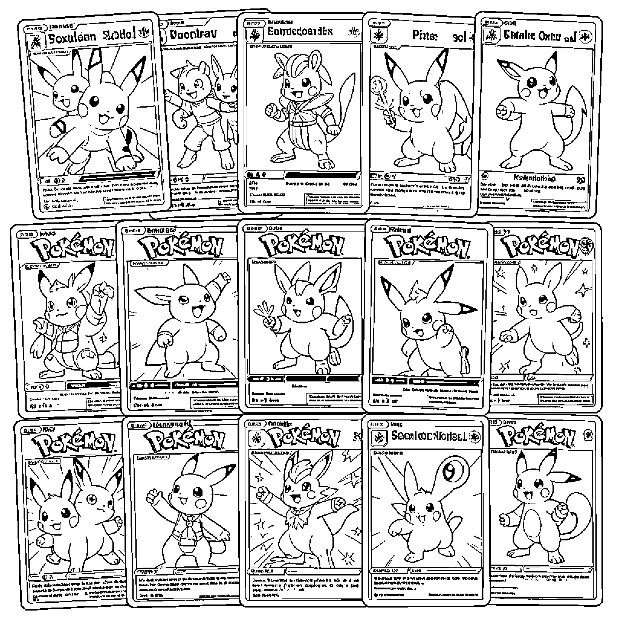 Pokémon characters in various poses and expressions Coloring Page (free black-and-white line drawing printable PDF for all, from beginners to advanced learners, including children, teens, adults, and seniors)