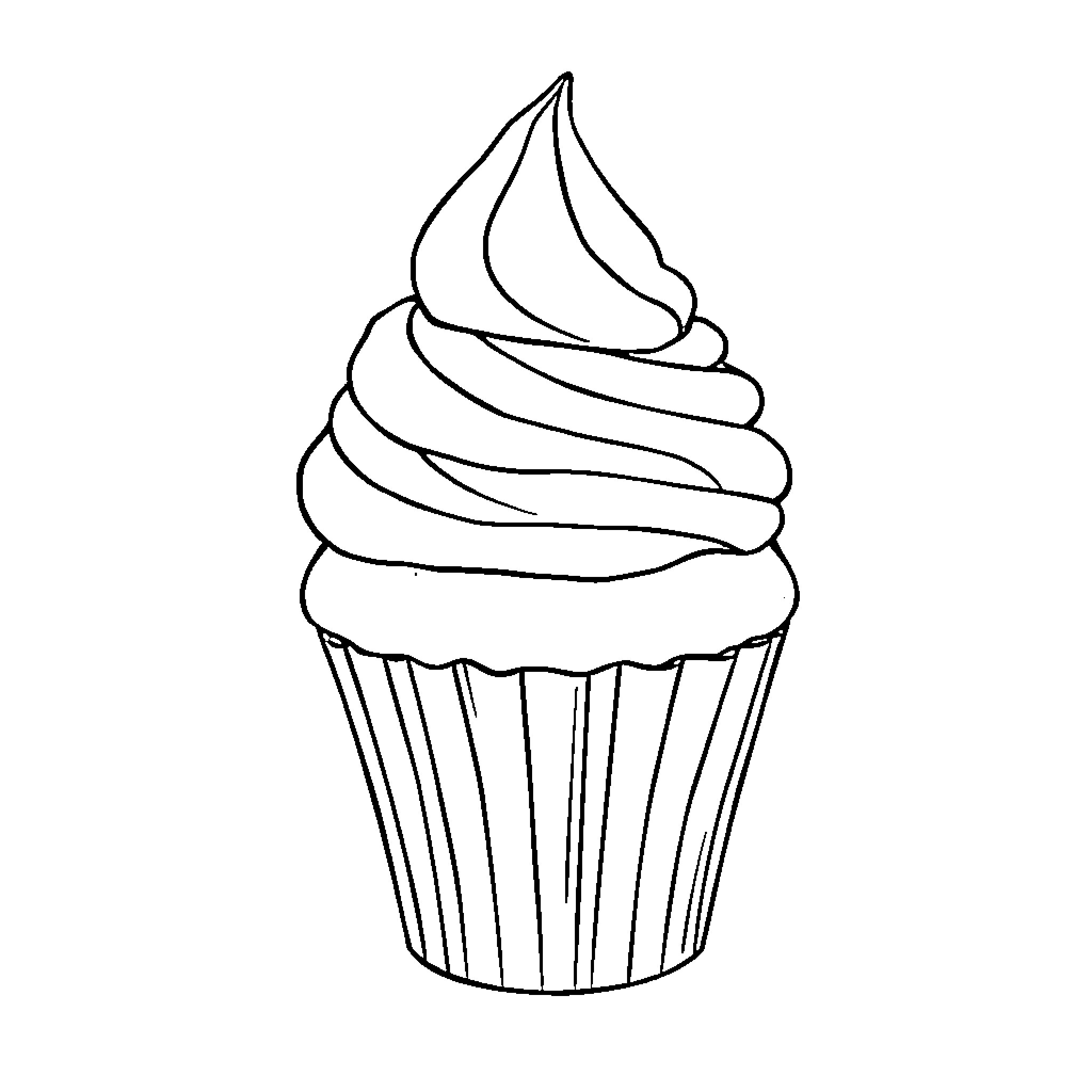 Cupcake with swirled frosting Coloring Page (free black-and-white line drawing printable PDF for all, from beginners to advanced learners, including children, teens, adults, and seniors)