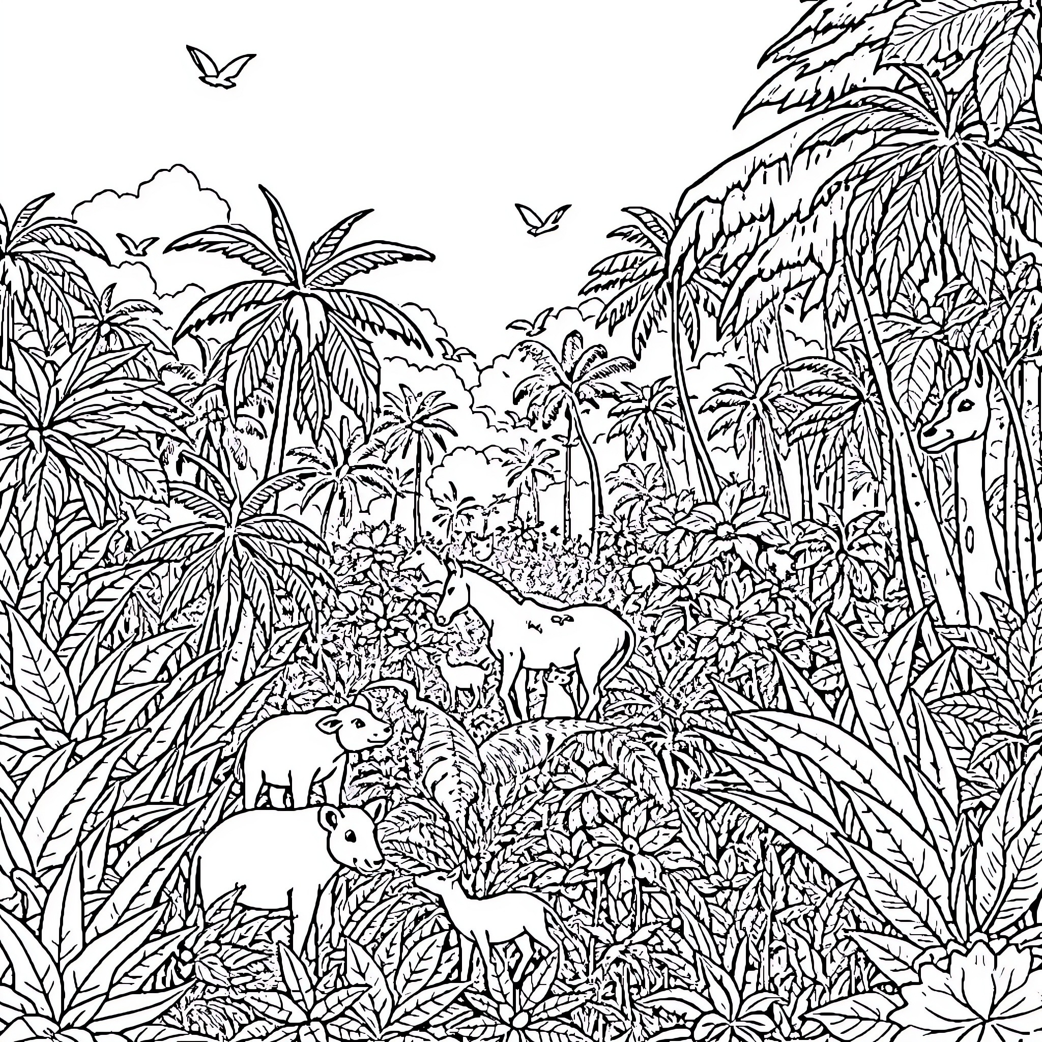 Animal Herd in Tropical Jungle Landscape Coloring Page (free black-and-white line drawing printable PDF for all, from beginners to advanced learners, including children, teens, adults, and seniors)