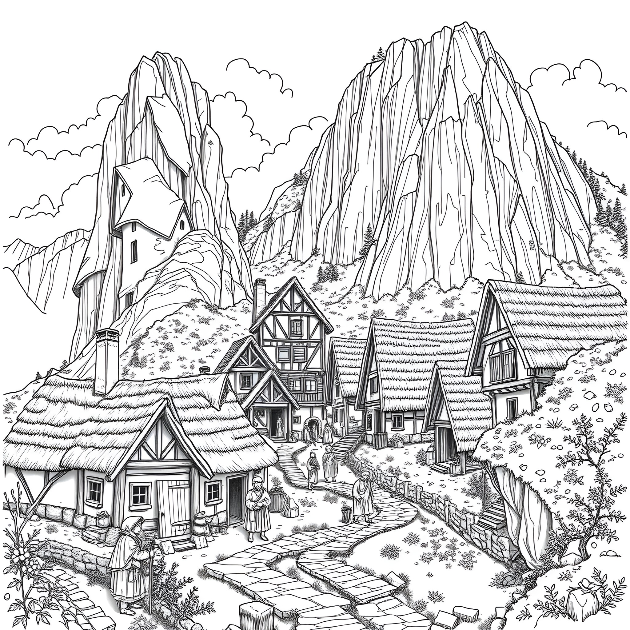 Village nestled in the majestic mountain landscape Coloring Page (free black-and-white line drawing printable PDF for all, from beginners to advanced learners, including children, teens, adults, and seniors)