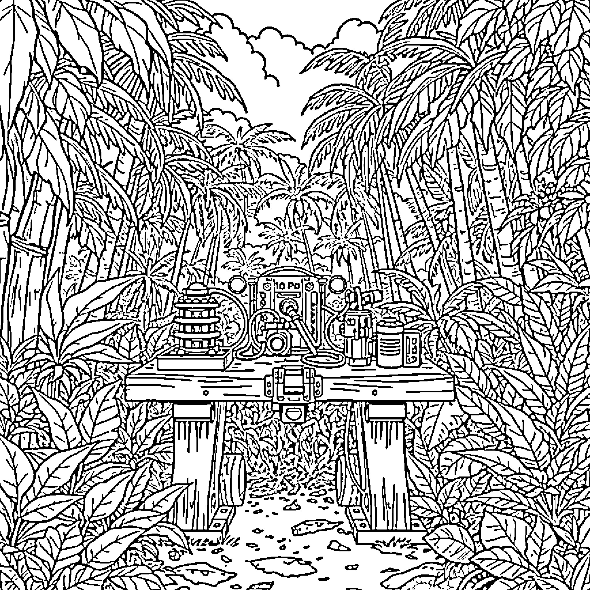 Towing Hitch through dense jungle landscape Coloring Page (free black-and-white line drawing printable PDF for all, from beginners to advanced learners, including children, teens, adults, and seniors)