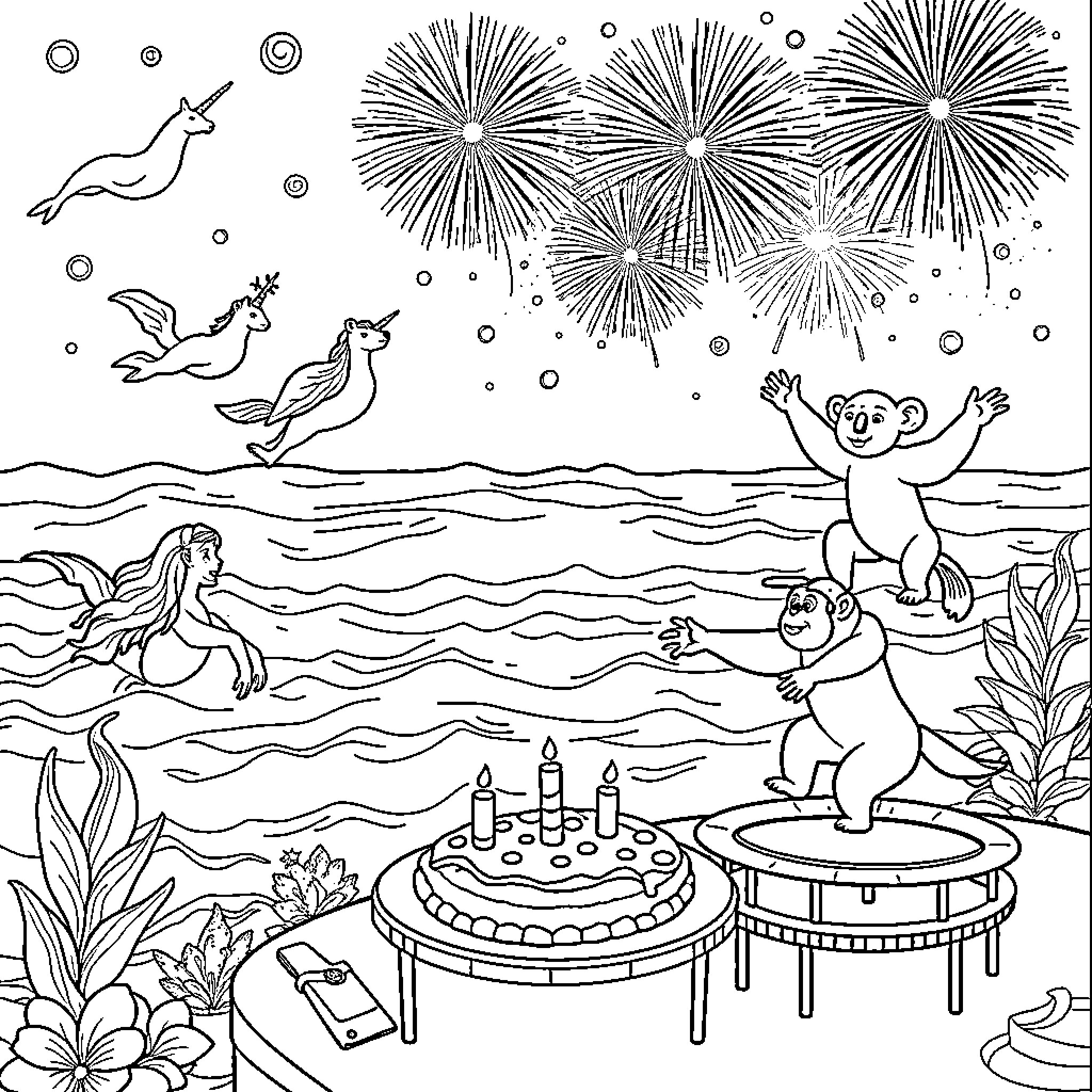 Mermaid celebrating birthday with friends in ocean Coloring Page (free black-and-white line drawing printable PDF for all, from beginners to advanced learners, including children, teens, adults, and seniors)