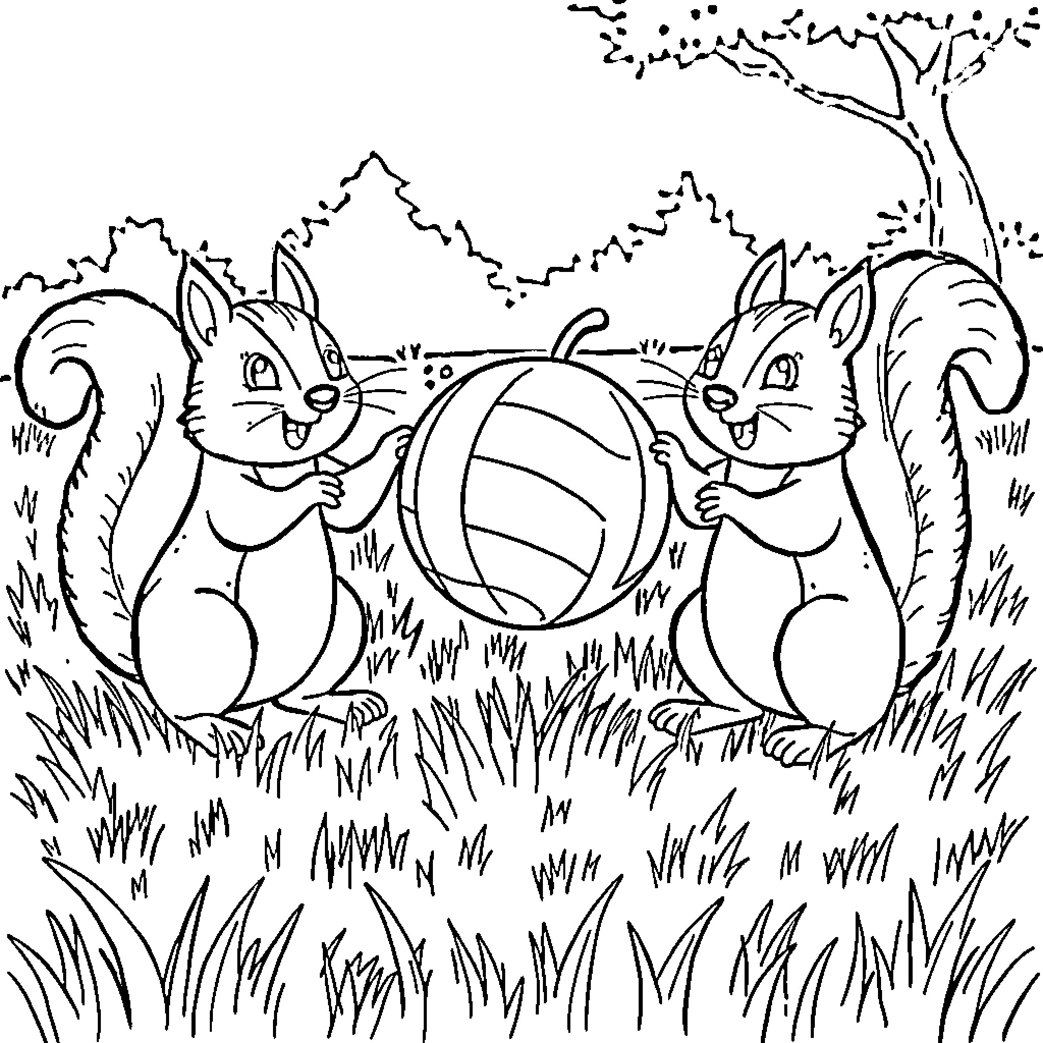 Squirrels playing with a ball in the forest Coloring Page (free black-and-white line drawing printable PDF for all, from beginners to advanced learners, including children, teens, adults, and seniors)
