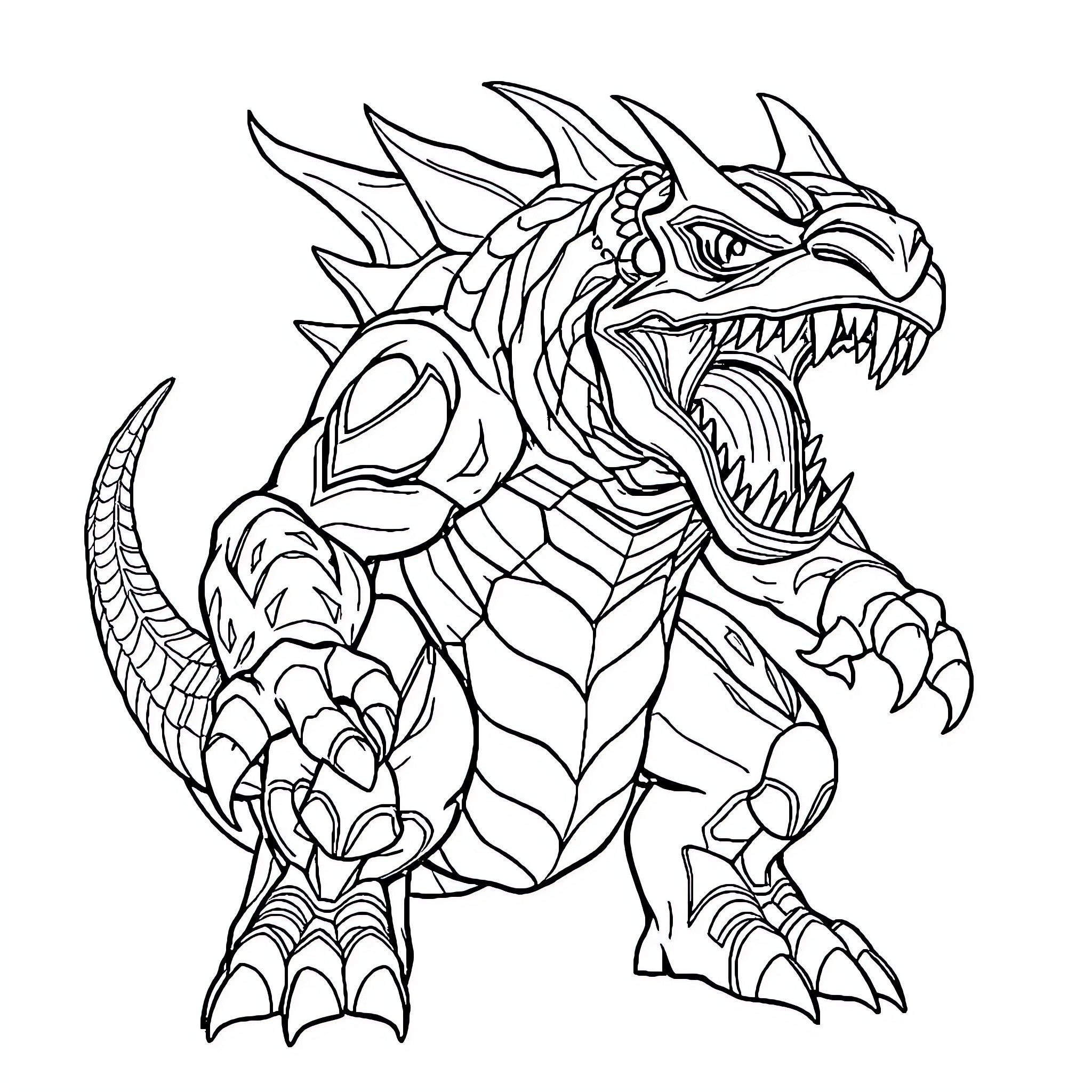 Monster Roaring with Fierce Claws and Scales Coloring Page (free black-and-white line drawing printable PDF for all, from beginners to advanced learners, including children, teens, adults, and seniors)