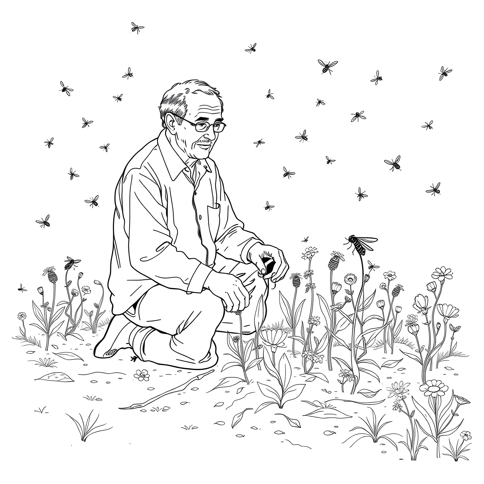Man surrounded by nature and butterflies Coloring Page (free black-and-white line drawing printable PDF for all, from beginners to advanced learners, including children, teens, adults, and seniors)