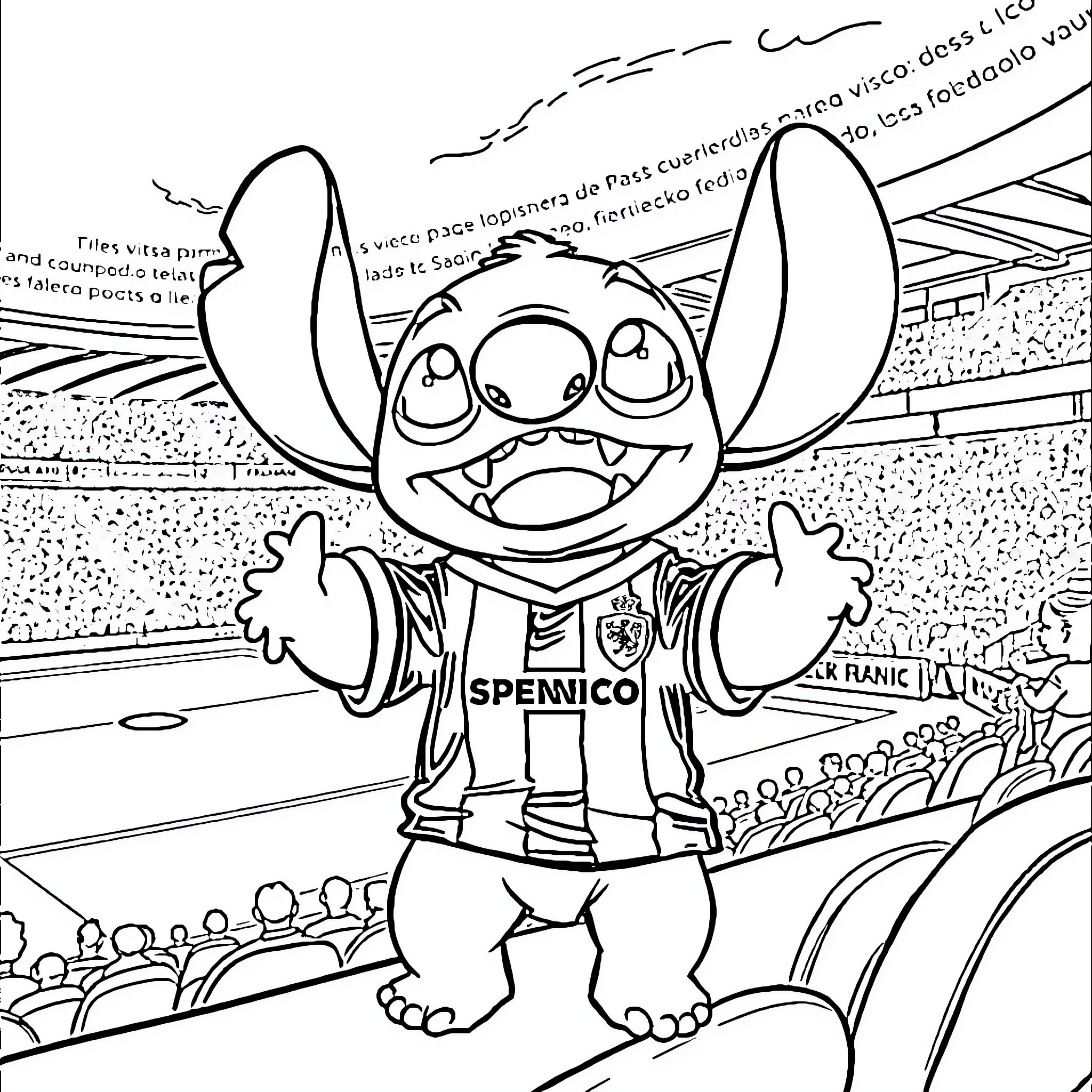 Stitch Celebrates Victory on the Field Coloring Page (free black-and-white line drawing printable PDF for all, from beginners to advanced learners, including children, teens, adults, and seniors)
