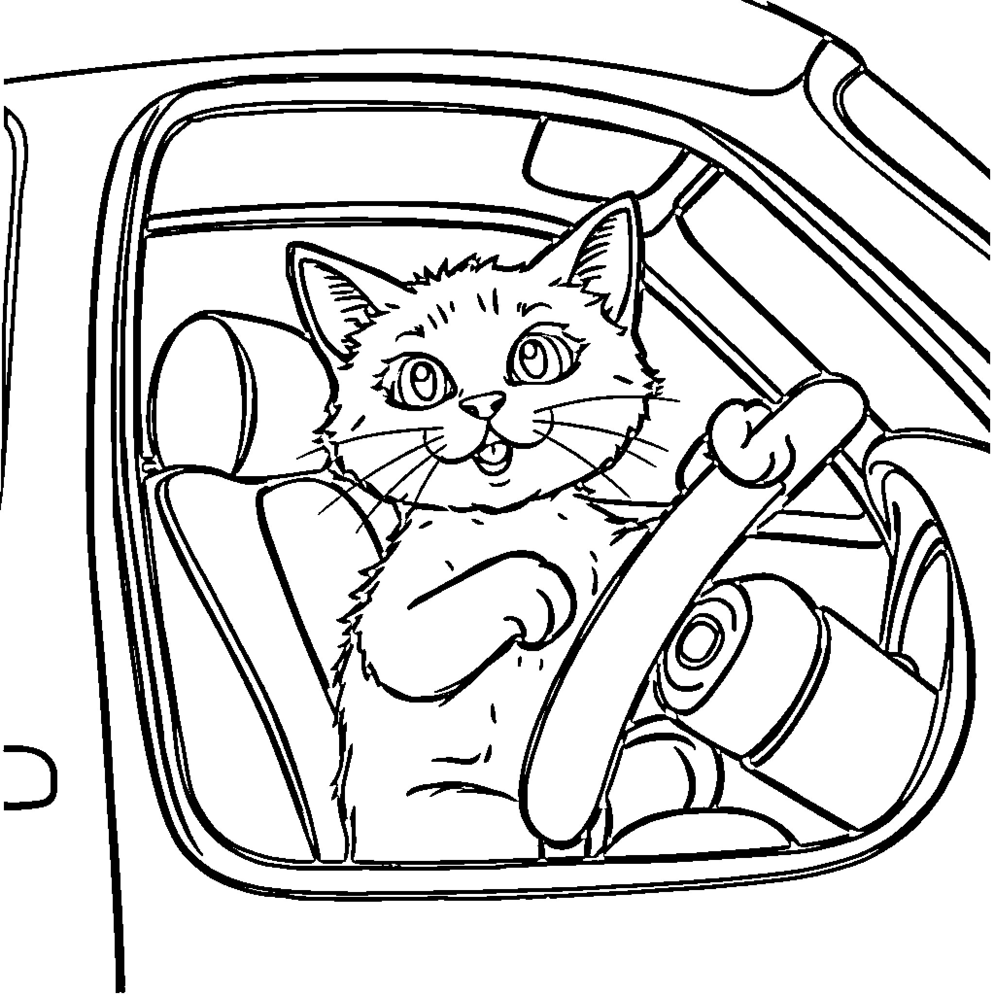 Cat driving a car Coloring Page (free black-and-white line drawing printable PDF for all, from beginners to advanced learners, including children, teens, adults, and seniors)