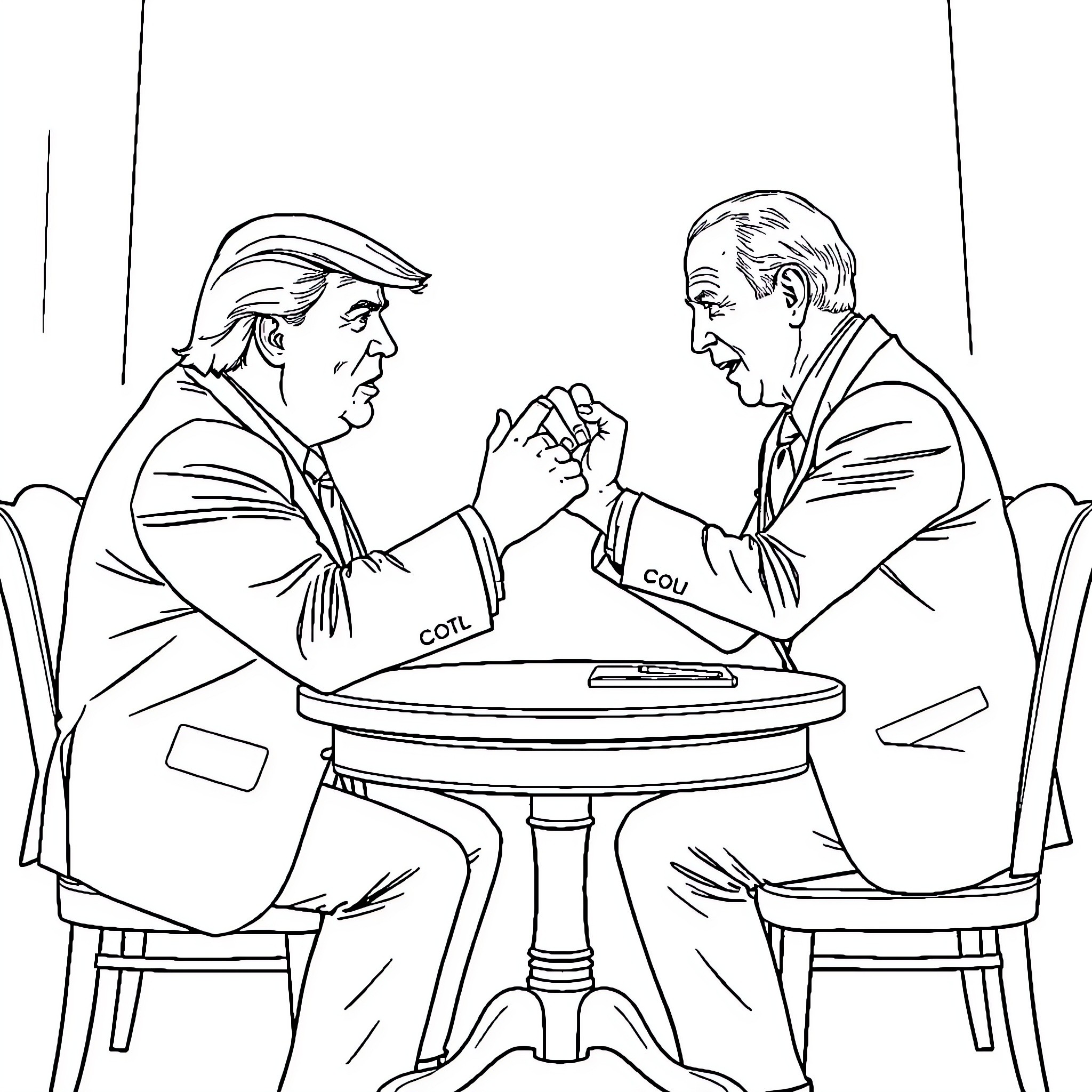Trump's Intense Debate with Political Opponent Coloring Page (free black-and-white line drawing printable PDF for all, from beginners to advanced learners, including children, teens, adults, and seniors)