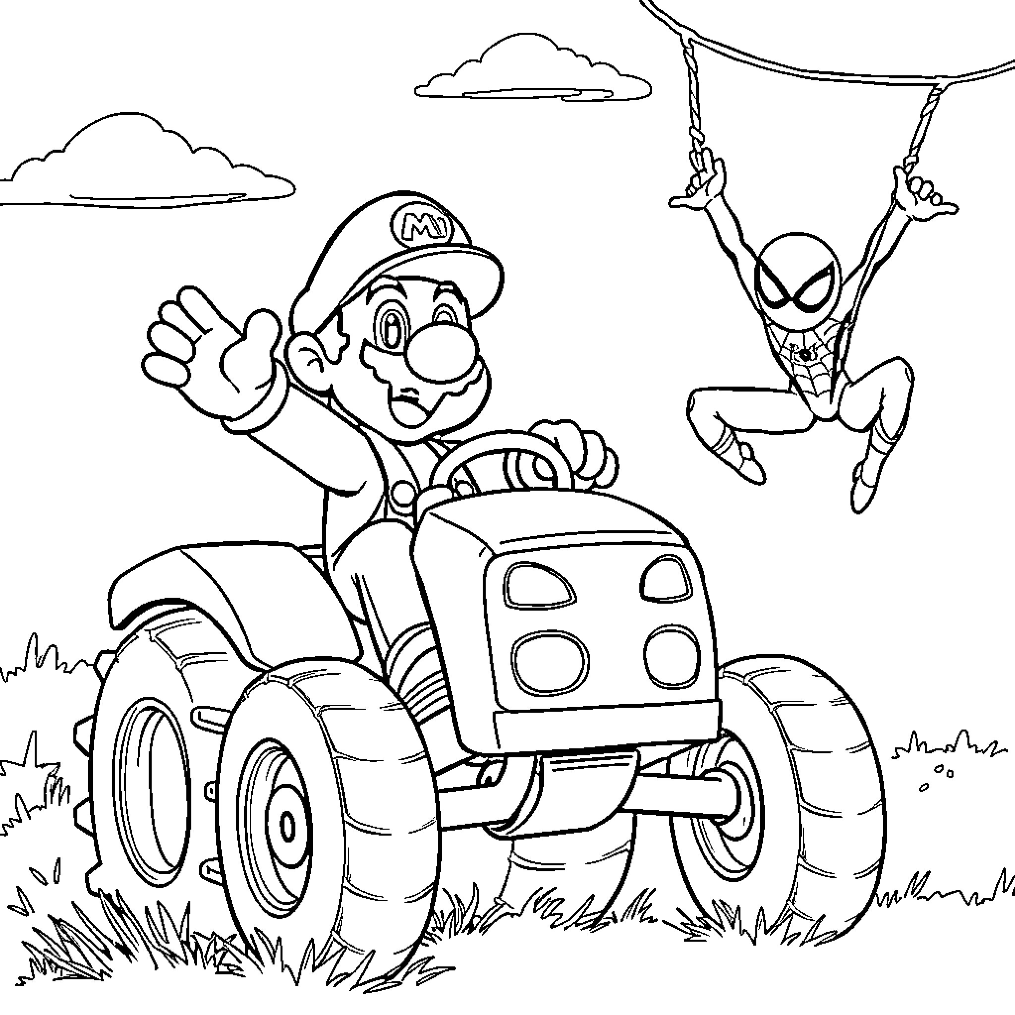 Mario's Adventure with Spiderman Coloring Page (free black-and-white line drawing printable PDF for all, from beginners to advanced learners, including children, teens, adults, and seniors)