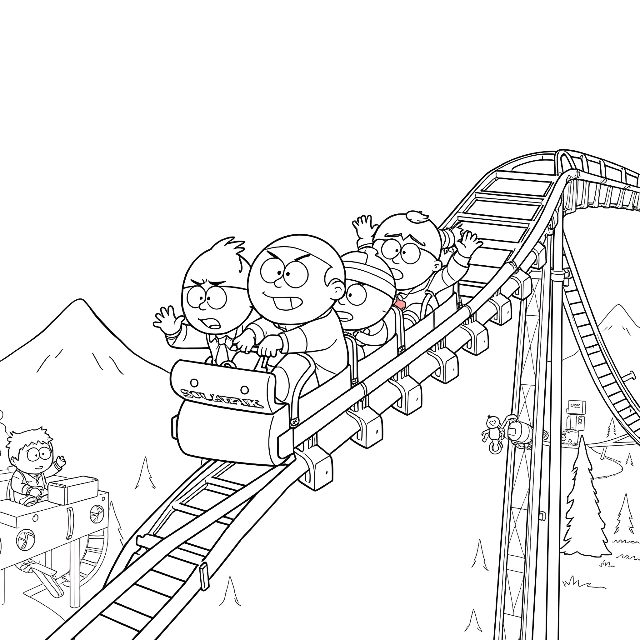 South Park characters riding on a rollercoaster Coloring Page (free black-and-white line drawing printable PDF for all, from beginners to advanced learners, including children, teens, adults, and seniors)