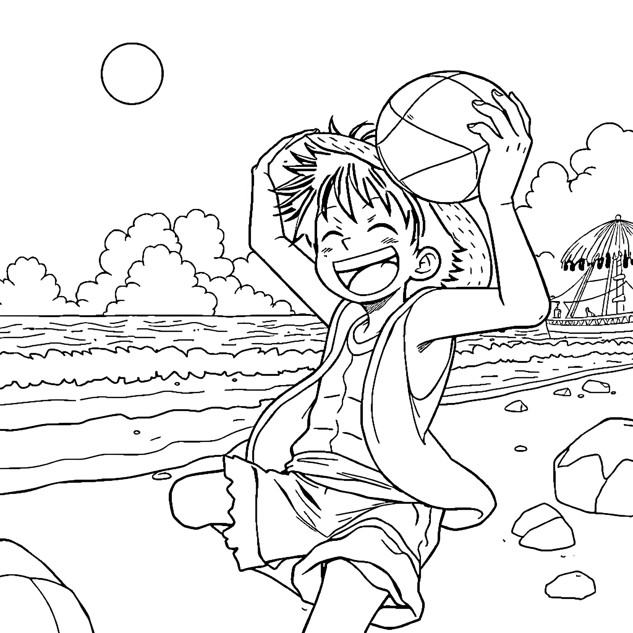 Luffy happily playing with a beach ball on the shore Coloring Page (free black-and-white line drawing printable PDF for all, from beginners to advanced learners, including children, teens, adults, and seniors)