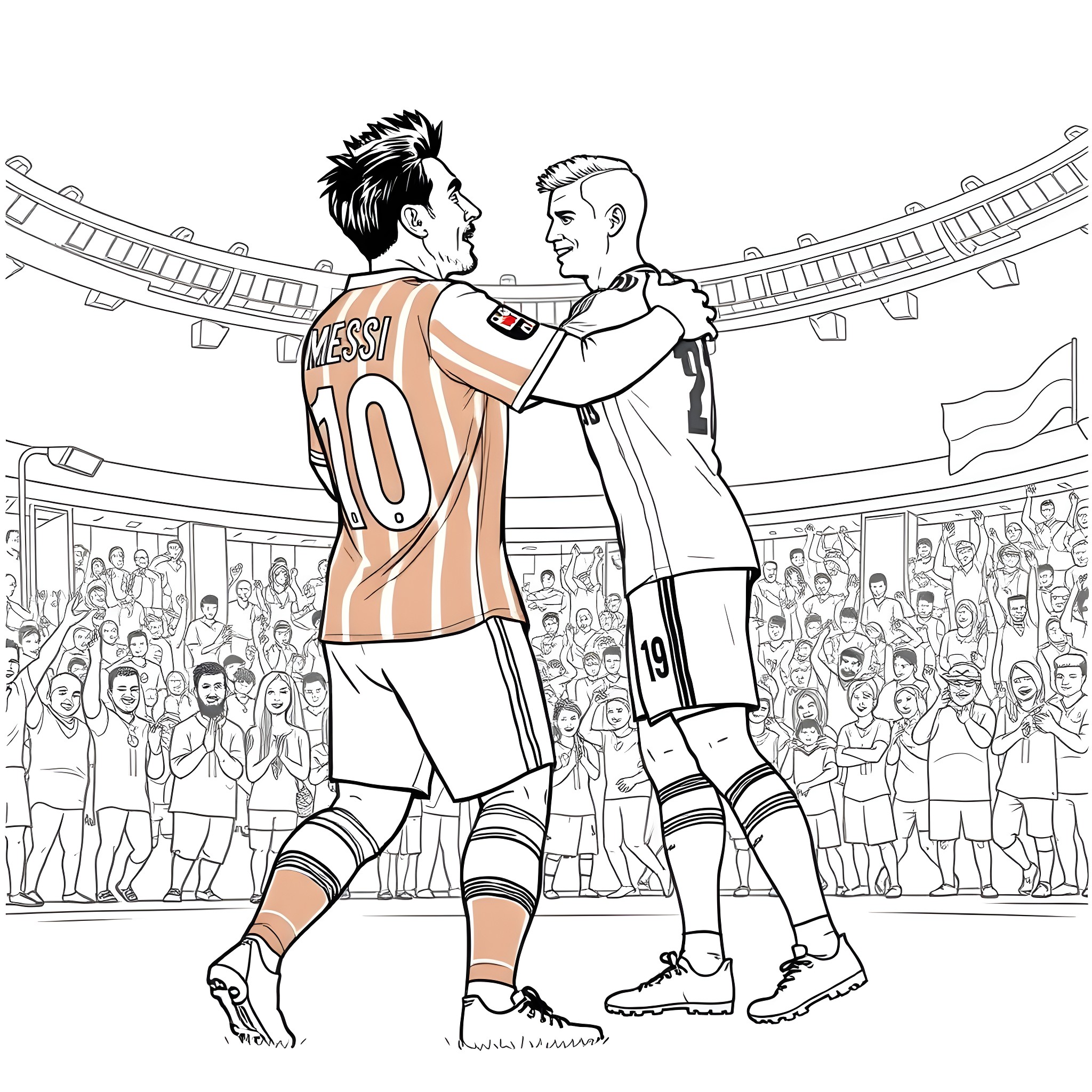 Messi celebrating a goal with his teammates Coloring Page (free black-and-white line drawing printable PDF for all, from beginners to advanced learners, including children, teens, adults, and seniors)
