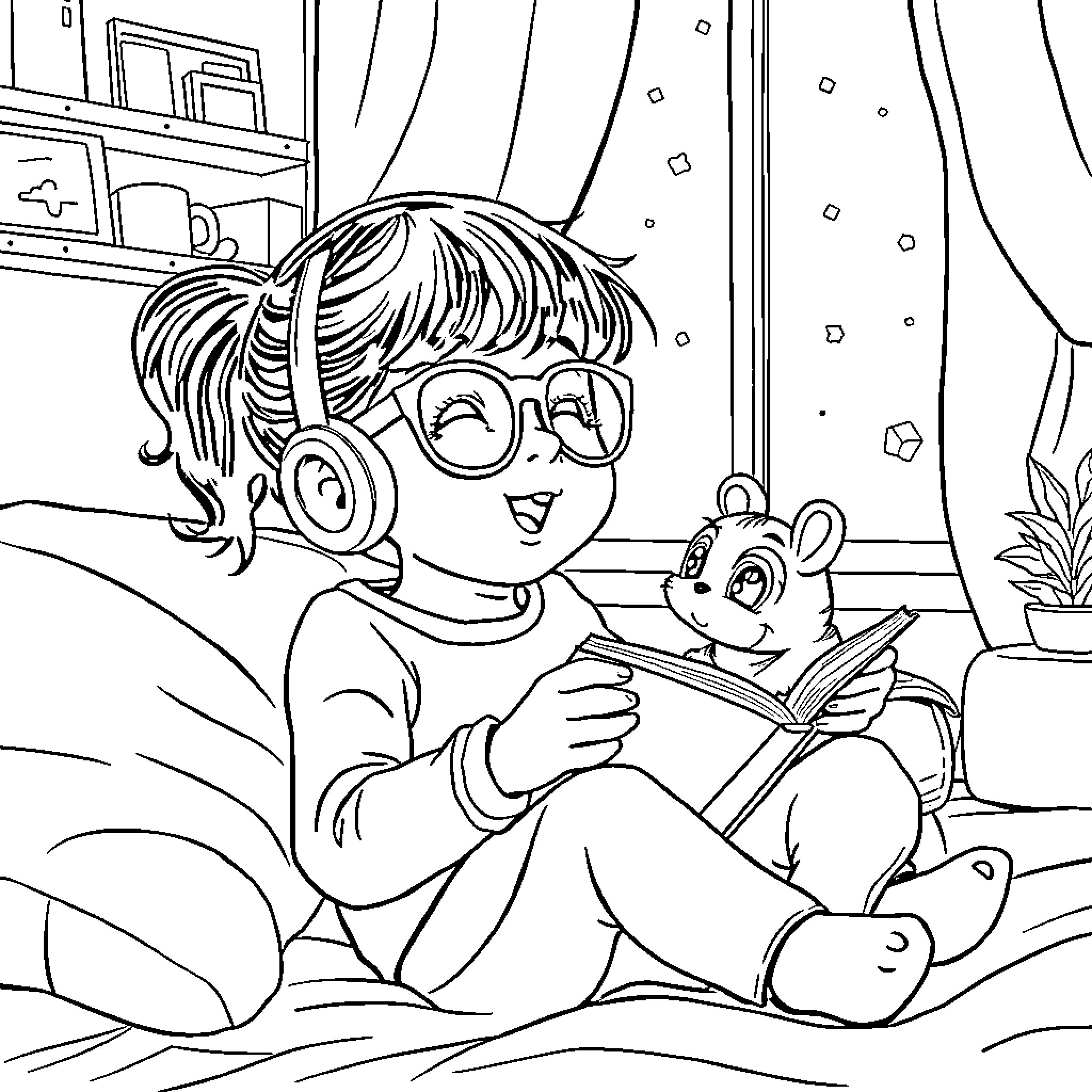 Nina Reading a Book with a Plush Toy Coloring Page (free black-and-white line drawing printable PDF for all, from beginners to advanced learners, including children, teens, adults, and seniors)