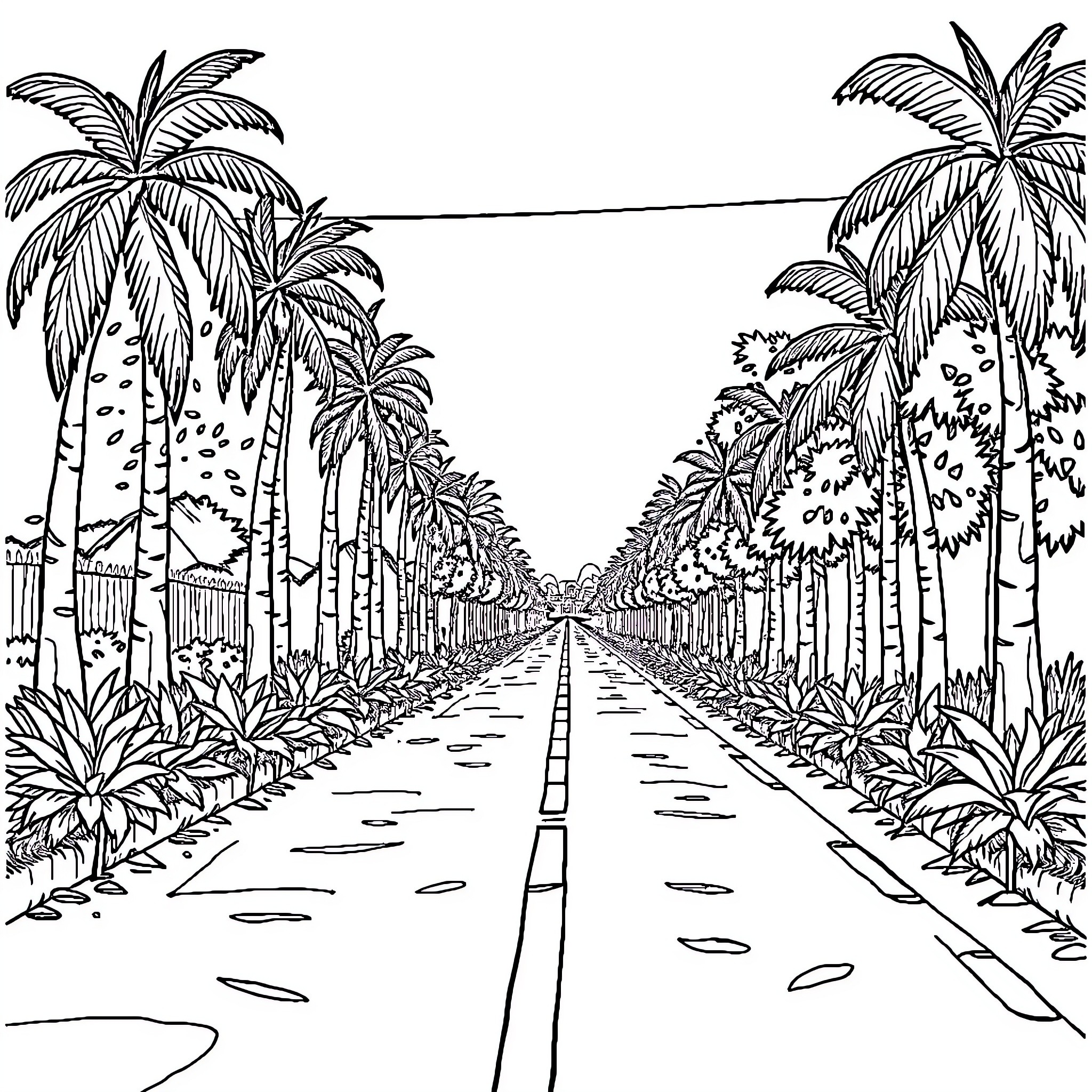 Car driving down a tropical palm tree-lined road Coloring Page (free black-and-white line drawing printable PDF for all, from beginners to advanced learners, including children, teens, adults, and seniors)