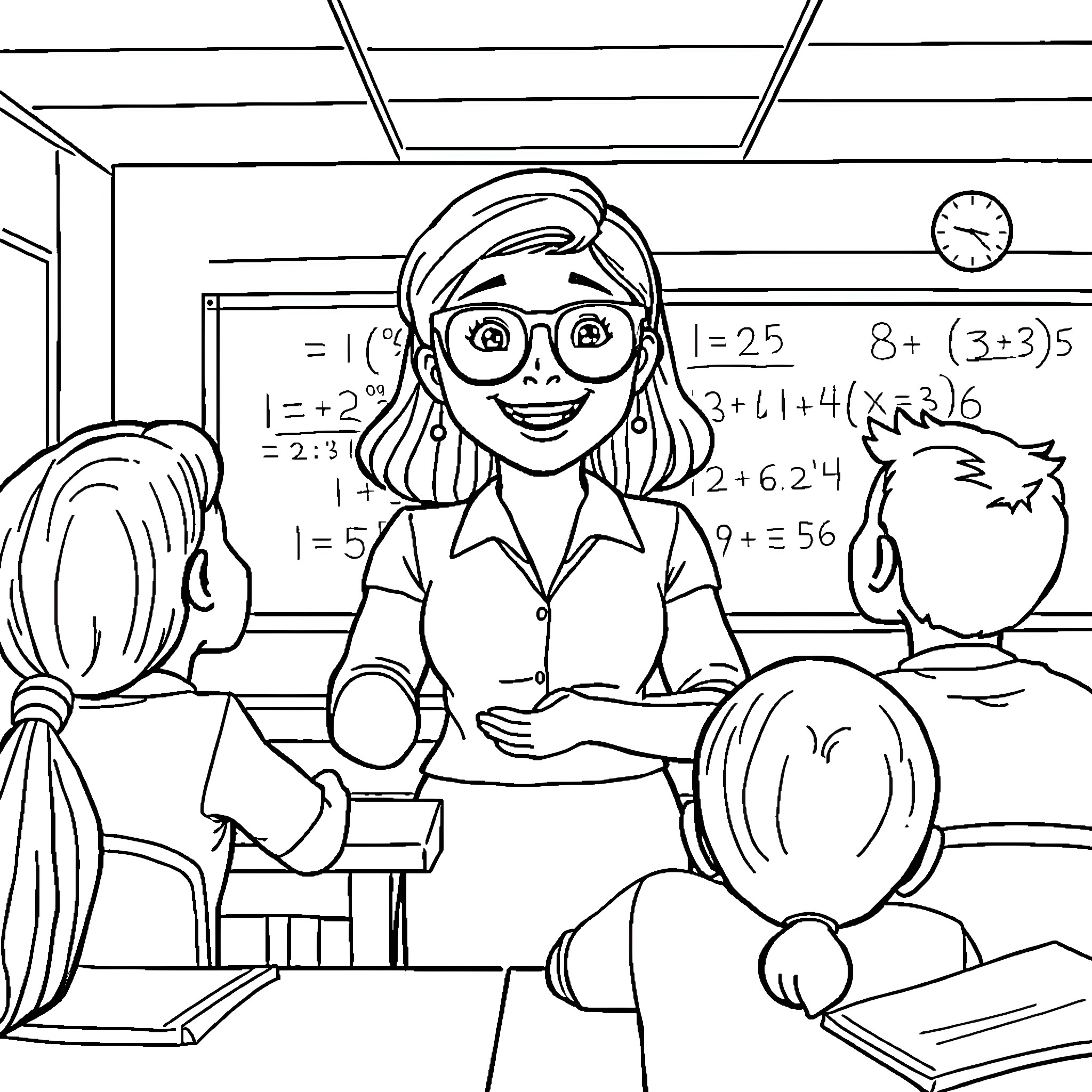 Teacher Guiding Students in Math Classroom Coloring Page (free black-and-white line drawing printable PDF for all, from beginners to advanced learners, including children, teens, adults, and seniors)