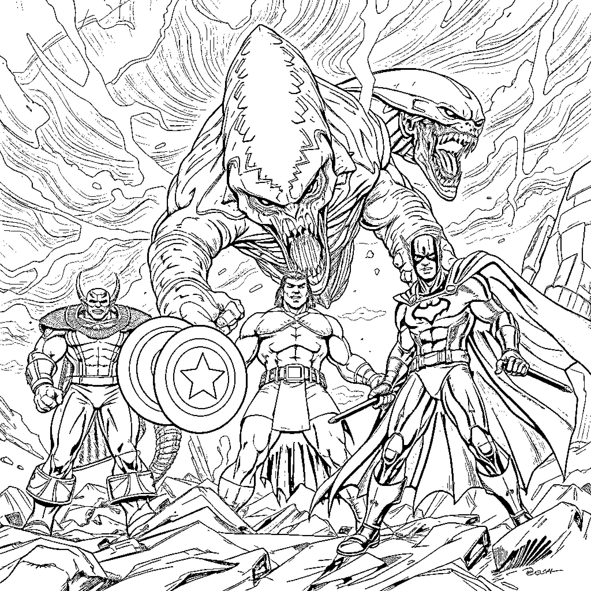 Superhero Heroes Confront Monstrous Villain in Epic Battle Coloring Page (free black-and-white line drawing printable PDF for all, from beginners to advanced learners, including children, teens, adults, and seniors)