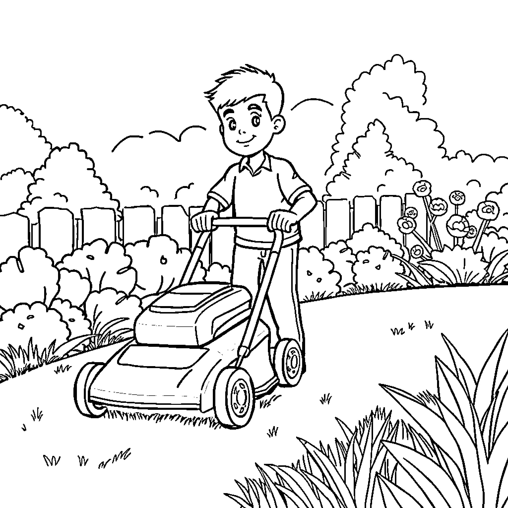 Jose mowing the lawn joyfully in the neighborhood Coloring Page (free black-and-white line drawing printable PDF for all, from beginners to advanced learners, including children, teens, adults, and seniors)