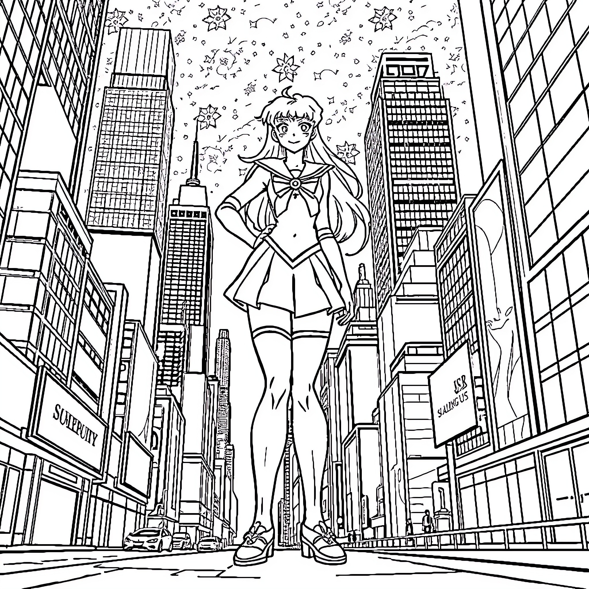 Sailor Mercury Exploring the Bustling City Skyline Coloring Page (free black-and-white line drawing printable PDF for all, from beginners to advanced learners, including children, teens, adults, and seniors)