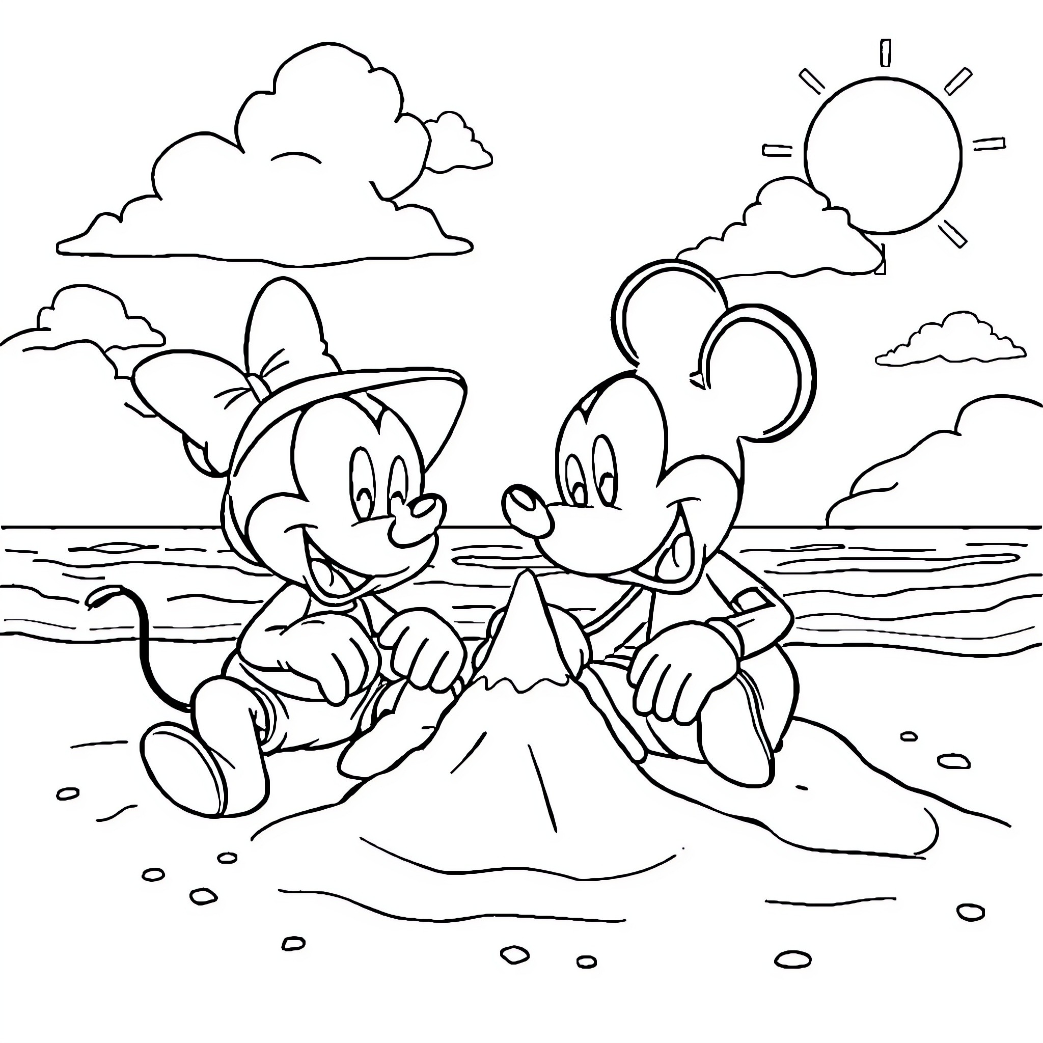 Bluey and friends playing on the beach Coloring Page (free black-and-white line drawing printable PDF for all, from beginners to advanced learners, including children, teens, adults, and seniors)