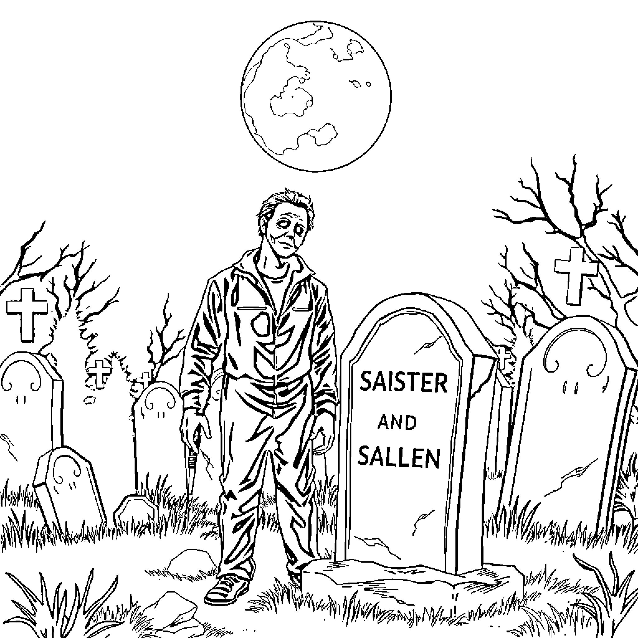 Michael Myers lurking in a graveyard Coloring Page (free black-and-white line drawing printable PDF for all, from beginners to advanced learners, including children, teens, adults, and seniors)