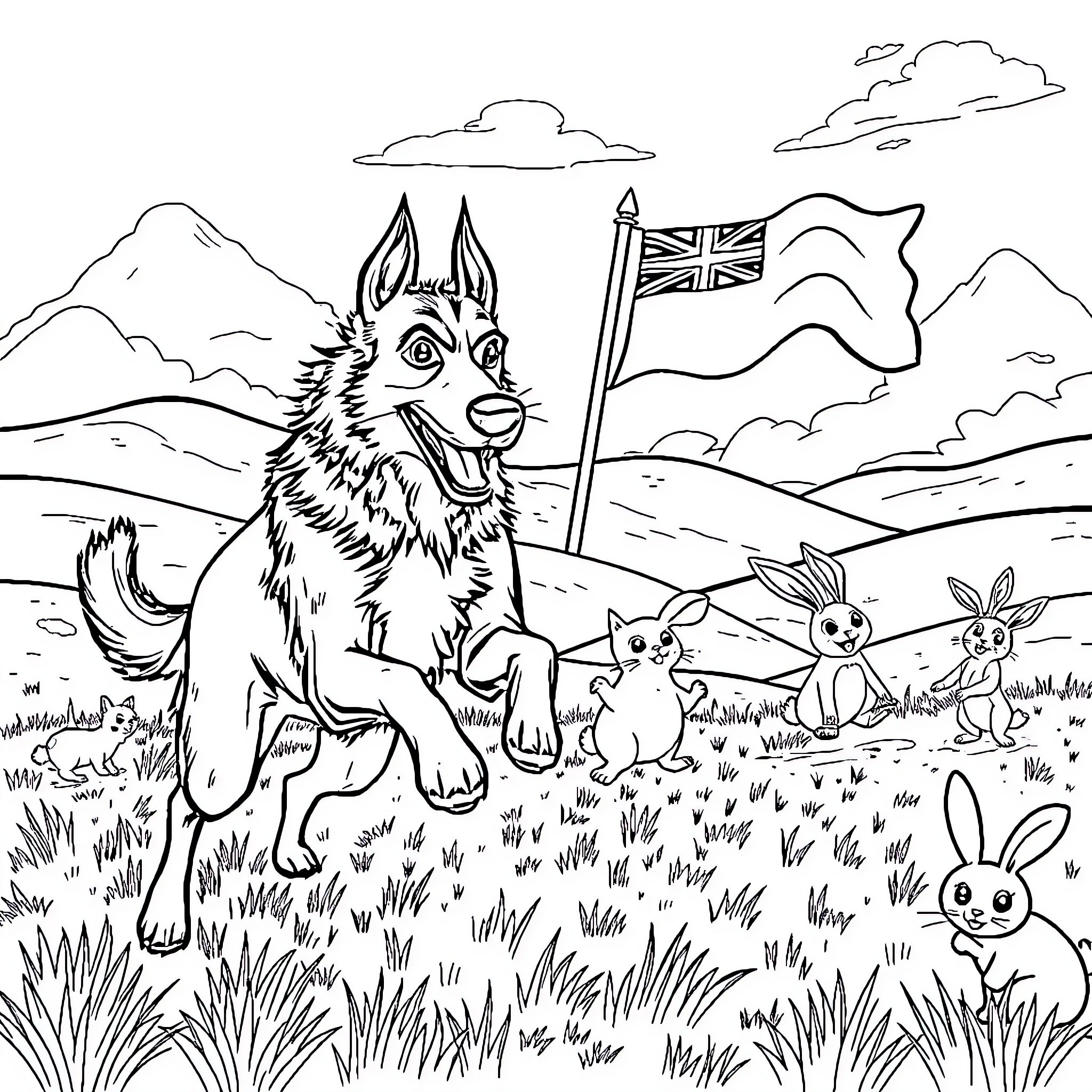 Kelpie leading a group of rabbits in a mountain landscape Coloring Page (free black-and-white line drawing printable PDF for all, from beginners to advanced learners, including children, teens, adults, and seniors)