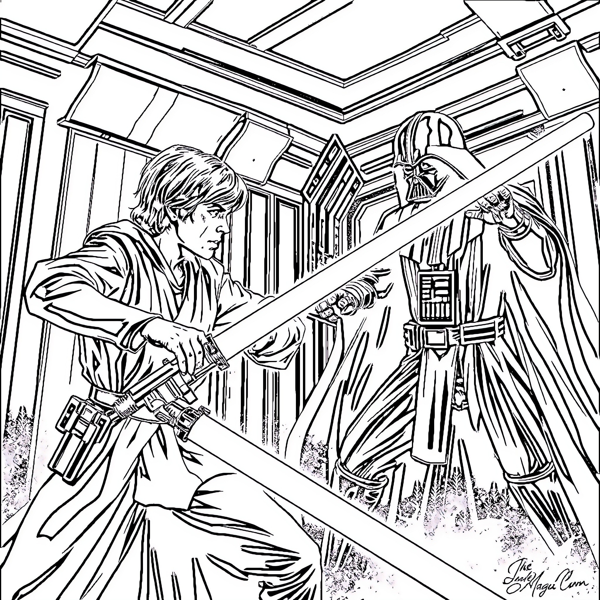 Luke Skywalker's Lightsaber Duel with Darth Vader Coloring Page (free black-and-white line drawing printable PDF for all, from beginners to advanced learners, including children, teens, adults, and seniors)