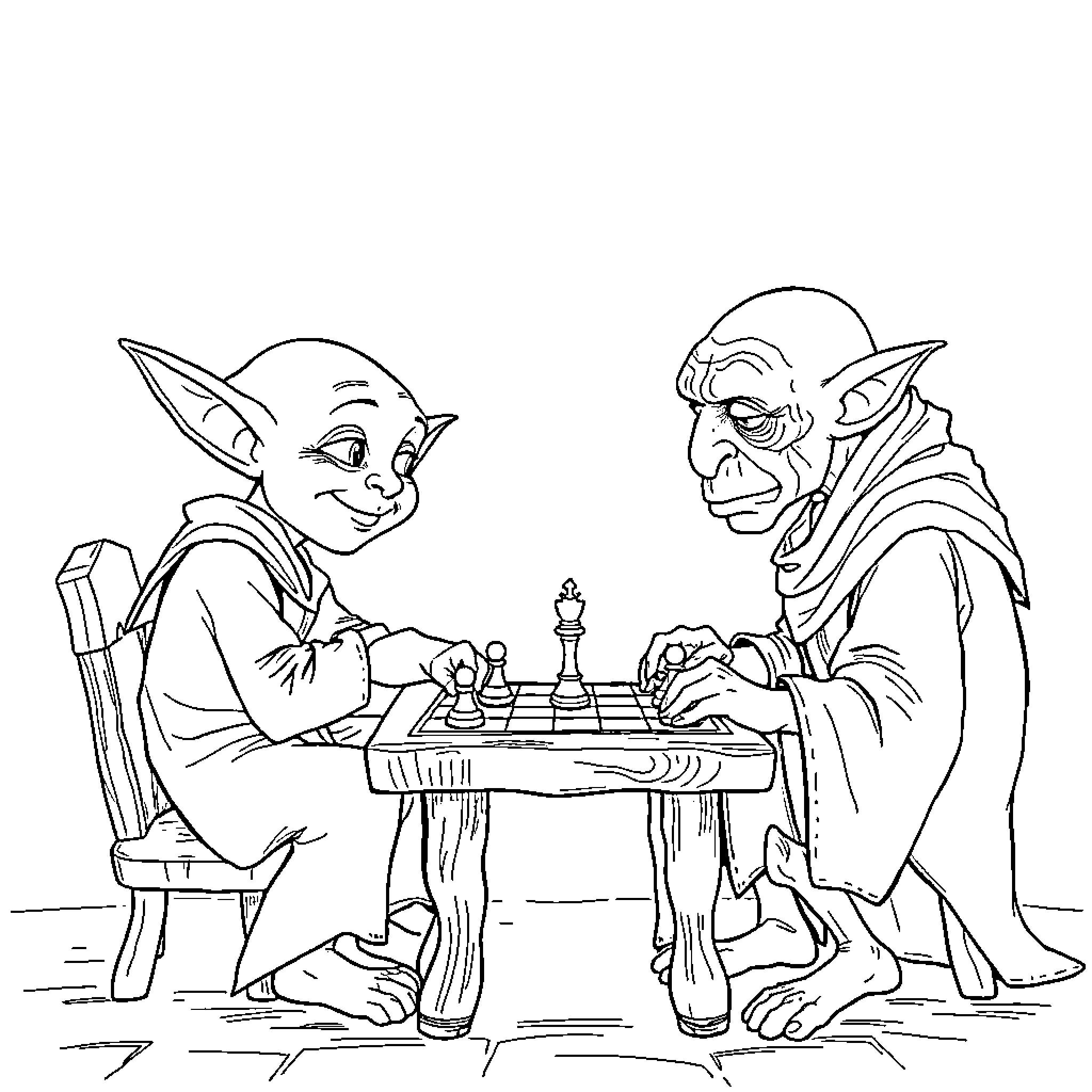 Dobby and Vampire Playing Chess Coloring Page (free black-and-white line drawing printable PDF for all, from beginners to advanced learners, including children, teens, adults, and seniors)