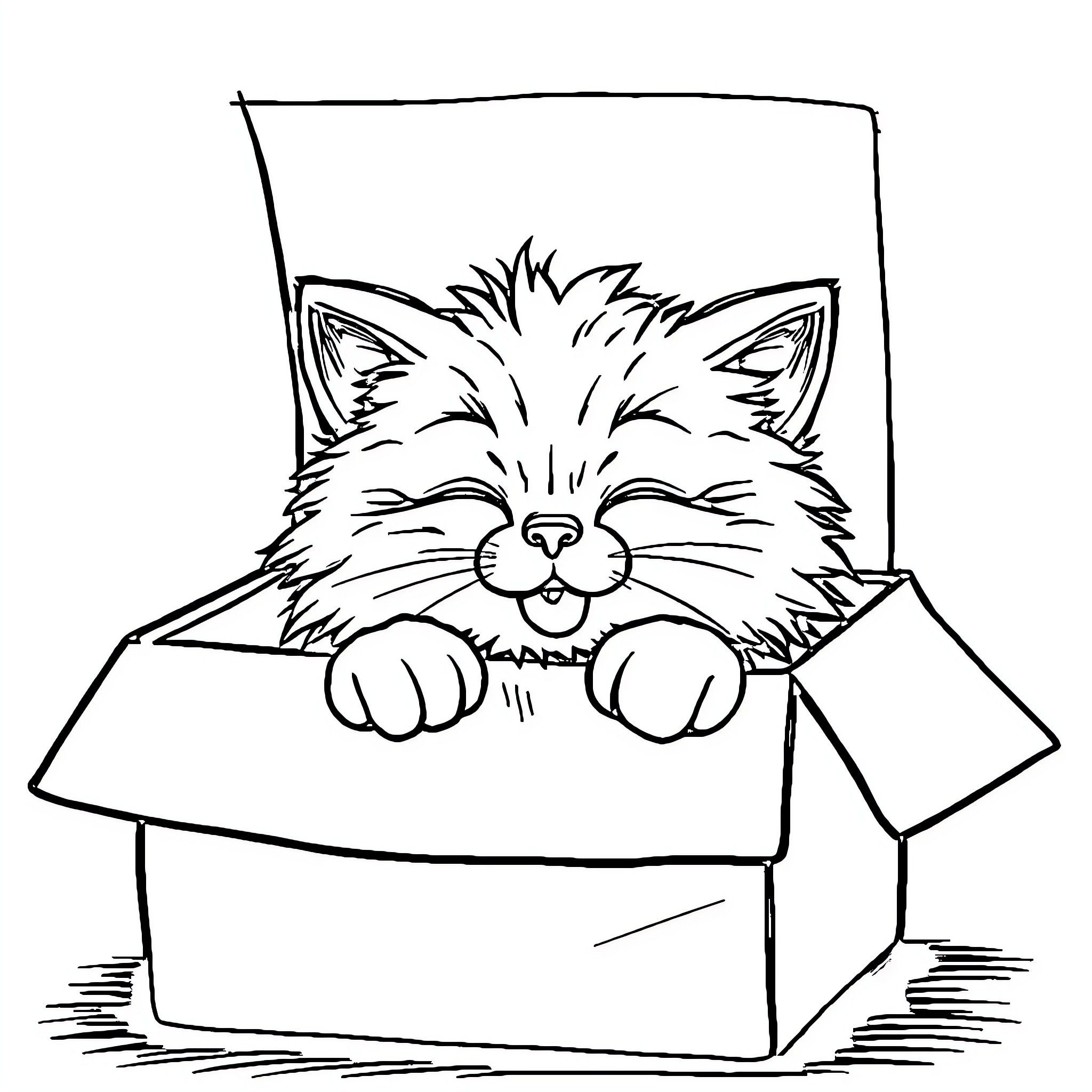 Cat in a box with a happy expression Coloring Page (free black-and-white line drawing printable PDF for all, from beginners to advanced learners, including children, teens, adults, and seniors)