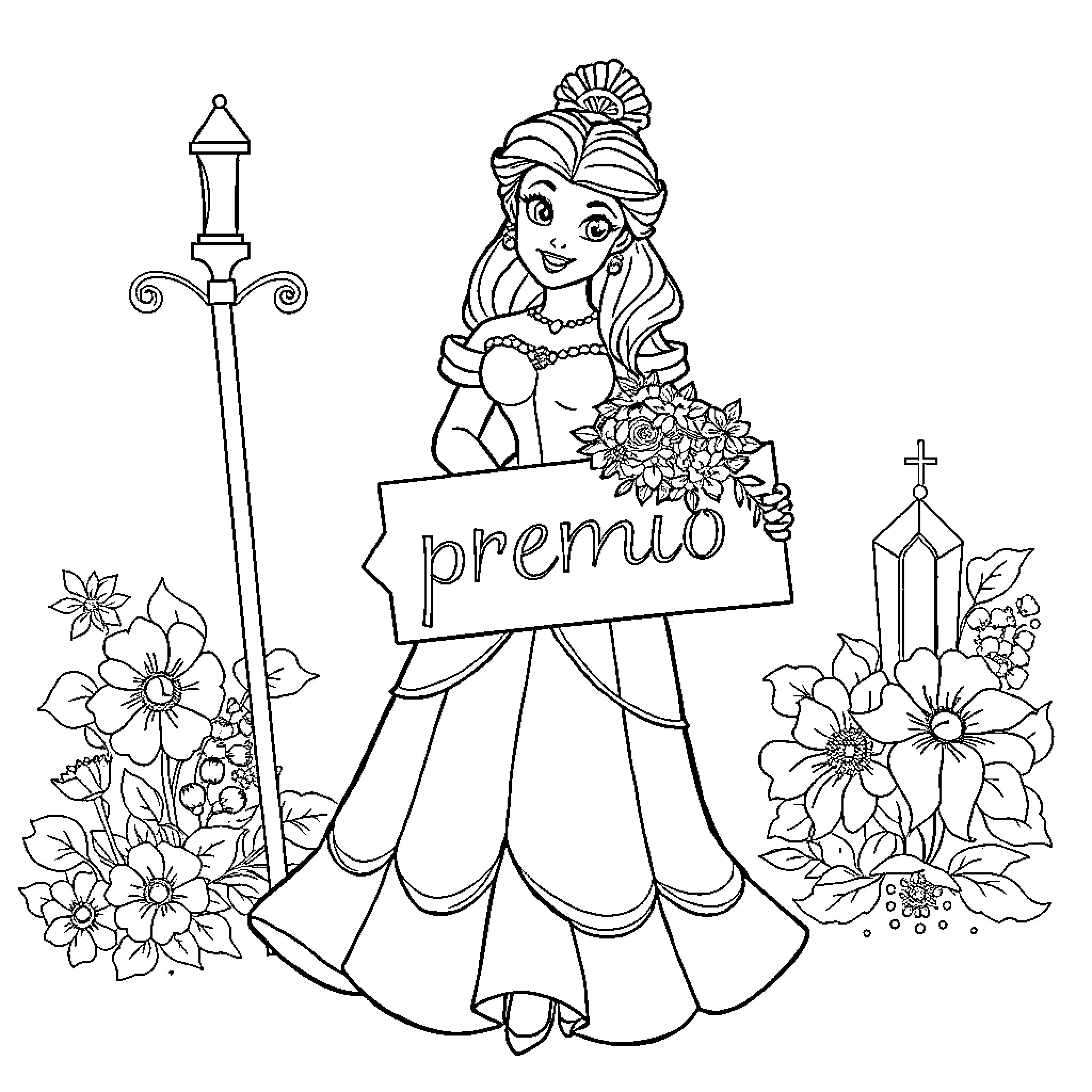 Belle's Joyous Celebration with Flowers and Nobility Coloring Page (free black-and-white line drawing printable PDF for all, from beginners to advanced learners, including children, teens, adults, and seniors)