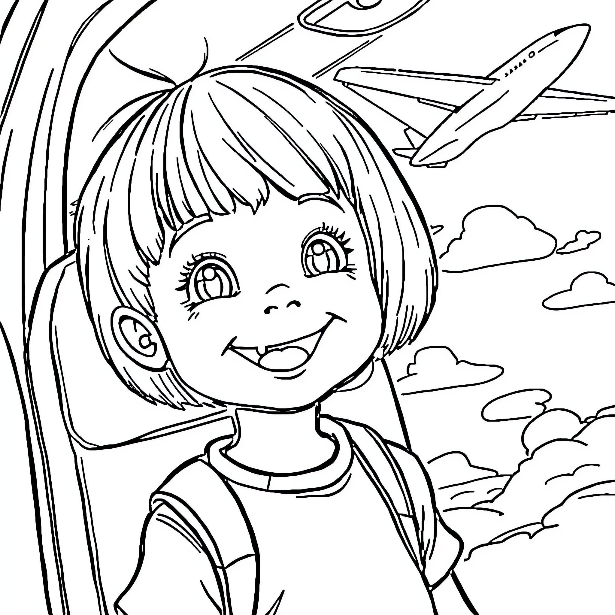 Airplane journey with a happy child Coloring Page (free black-and-white line drawing printable PDF for all, from beginners to advanced learners, including children, teens, adults, and seniors)
