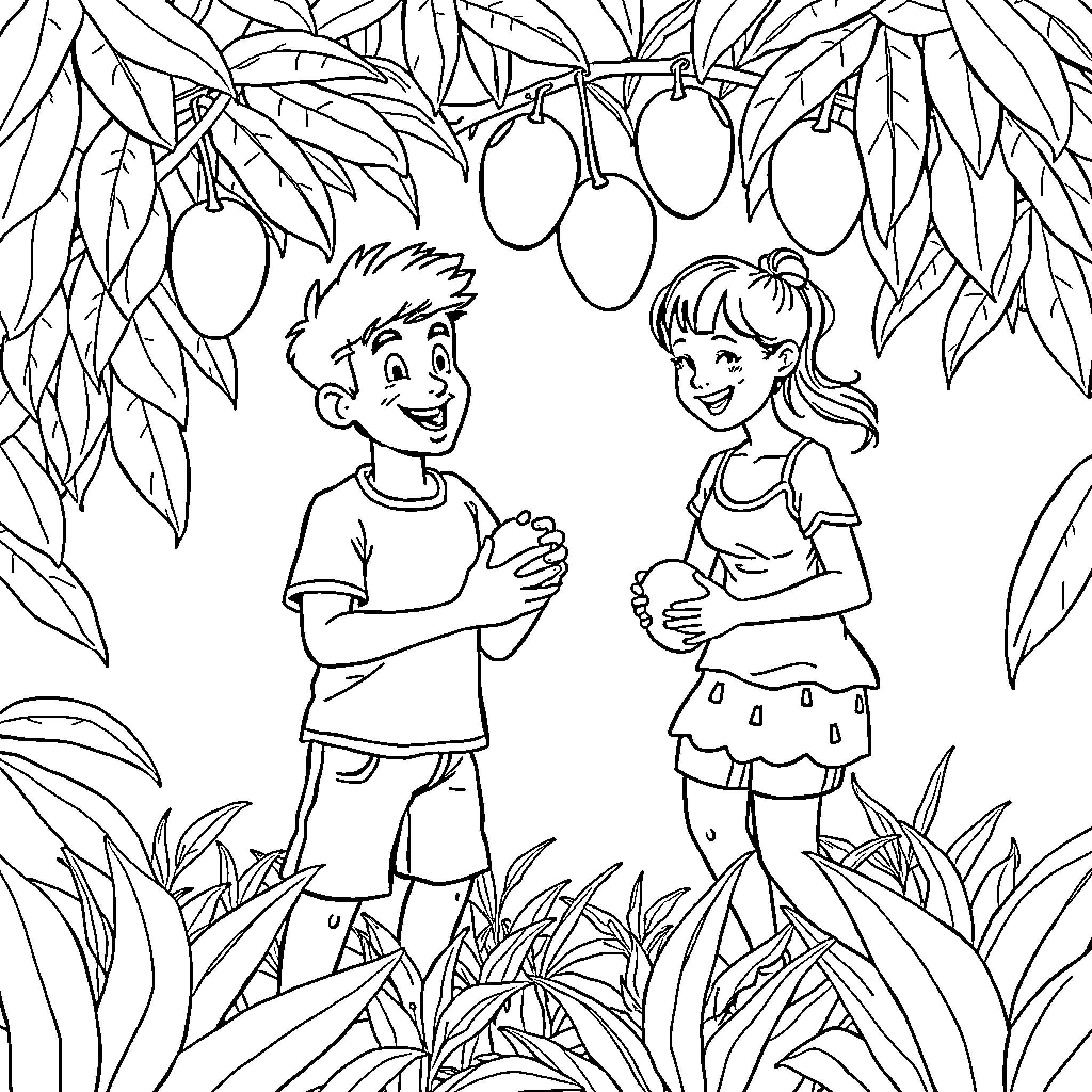 Danny and Penny explore the tropical garden Coloring Page (free black-and-white line drawing printable PDF for all, from beginners to advanced learners, including children, teens, adults, and seniors)