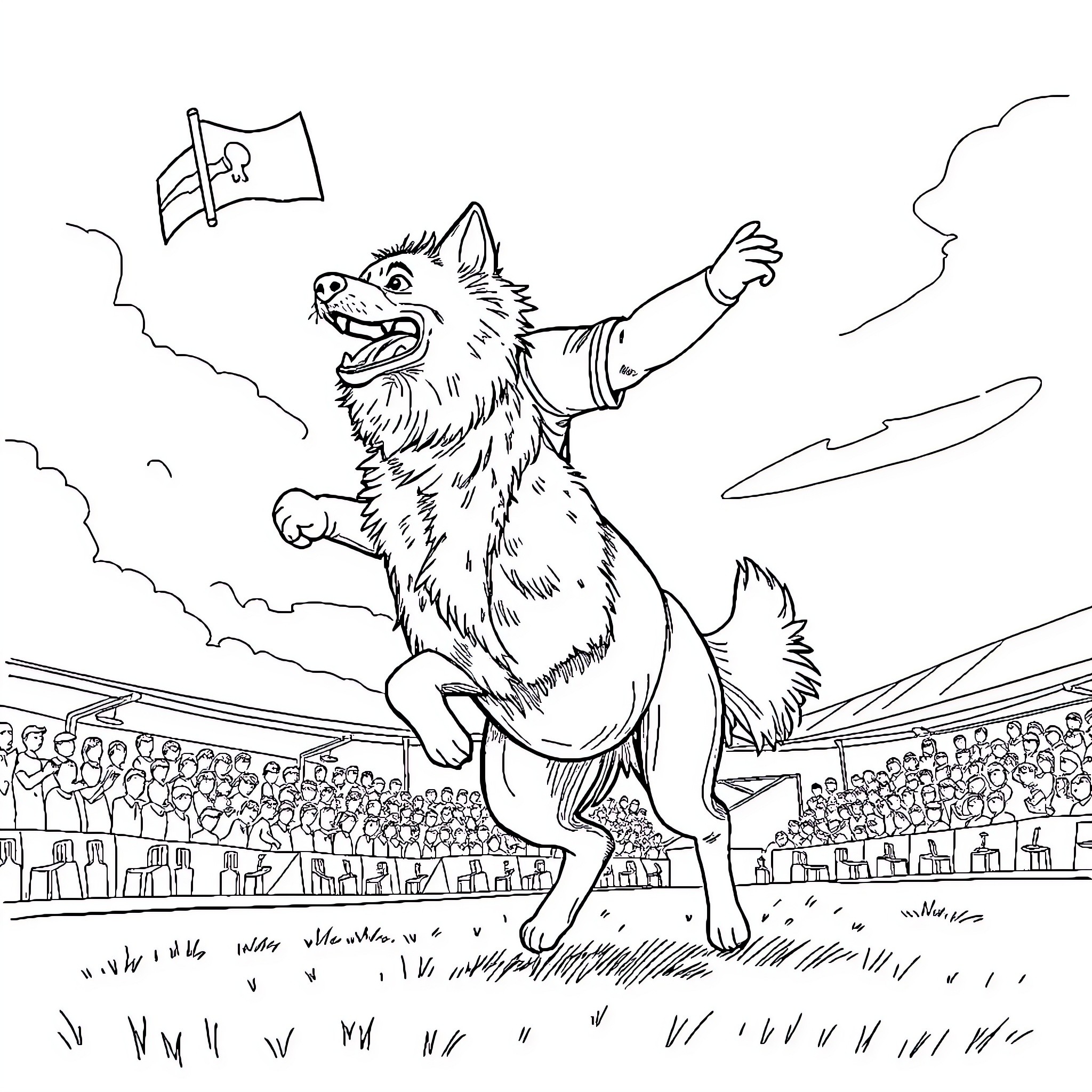Dog cheering excitedly in a sports stadium Coloring Page (free black-and-white line drawing printable PDF for all, from beginners to advanced learners, including children, teens, adults, and seniors)