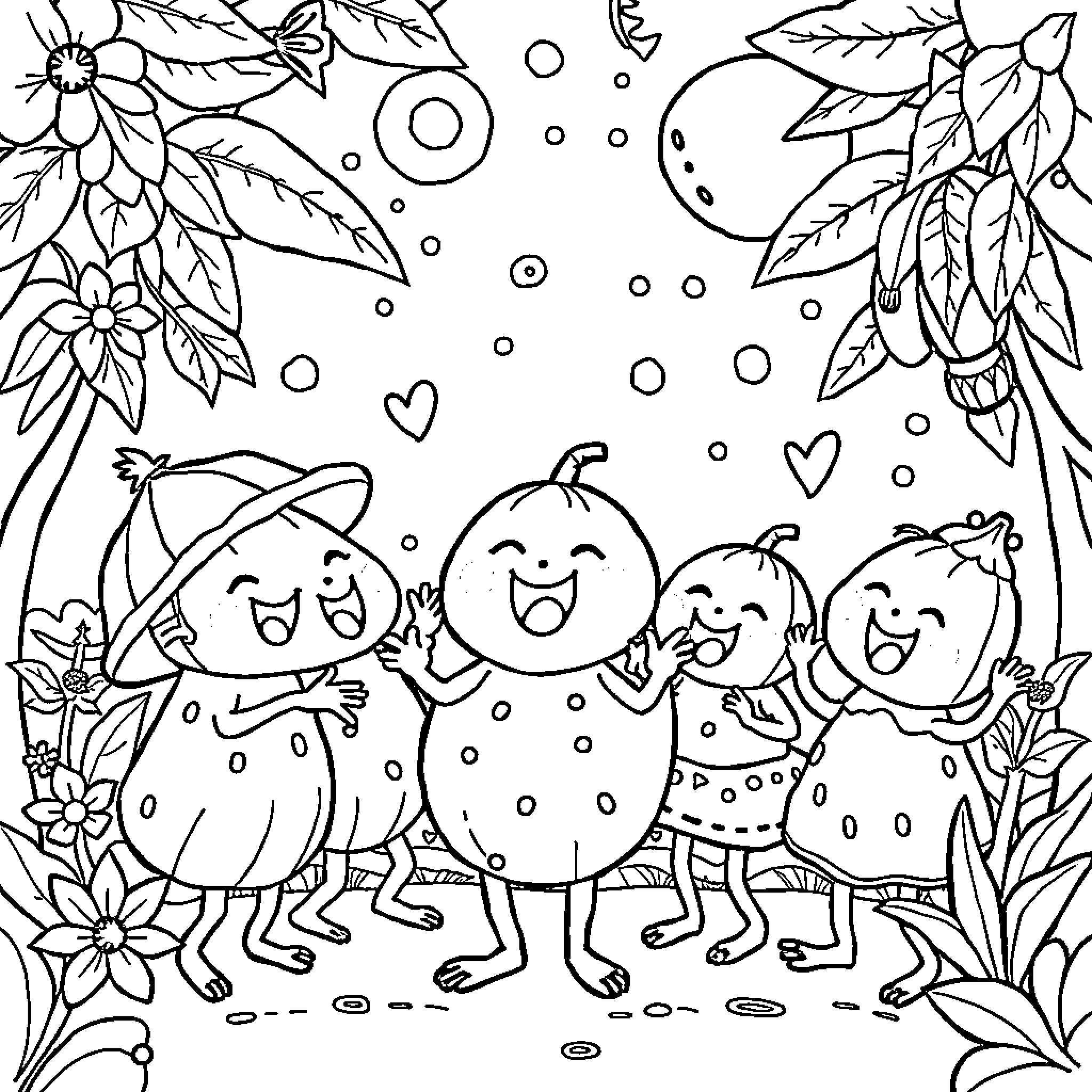 Cocomelon Characters Playing in Nature Coloring Page (free black-and-white line drawing printable PDF for all, from beginners to advanced learners, including children, teens, adults, and seniors)