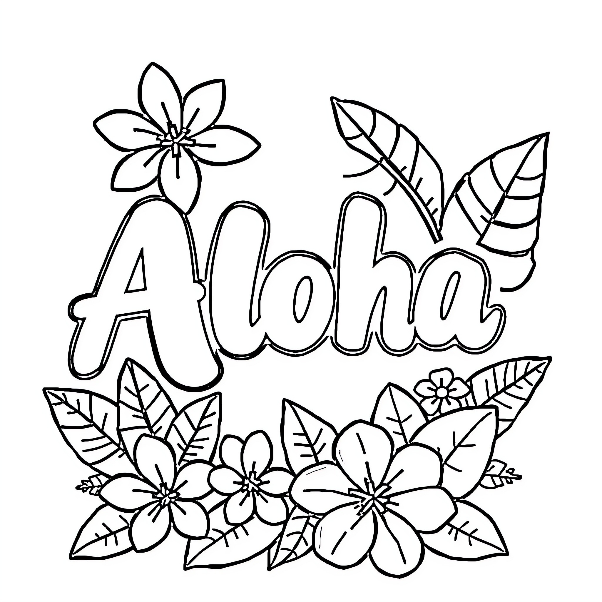 Logo featuring floral elements and the word 'Aloha' Coloring Page (free black-and-white line drawing printable PDF for all, from beginners to advanced learners, including children, teens, adults, and seniors)