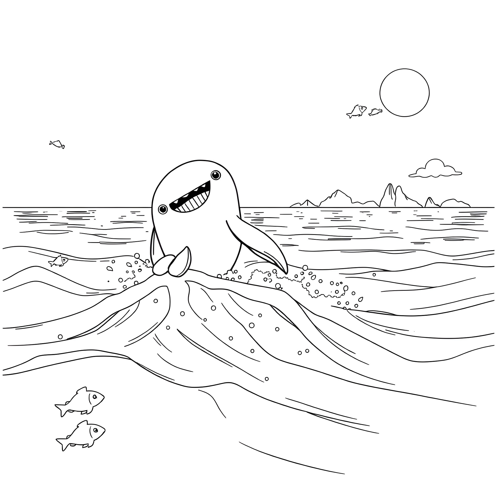 Baby Whale Playfully Splashing in the Ocean Coloring Page (free black-and-white line drawing printable PDF for all, from beginners to advanced learners, including children, teens, adults, and seniors)