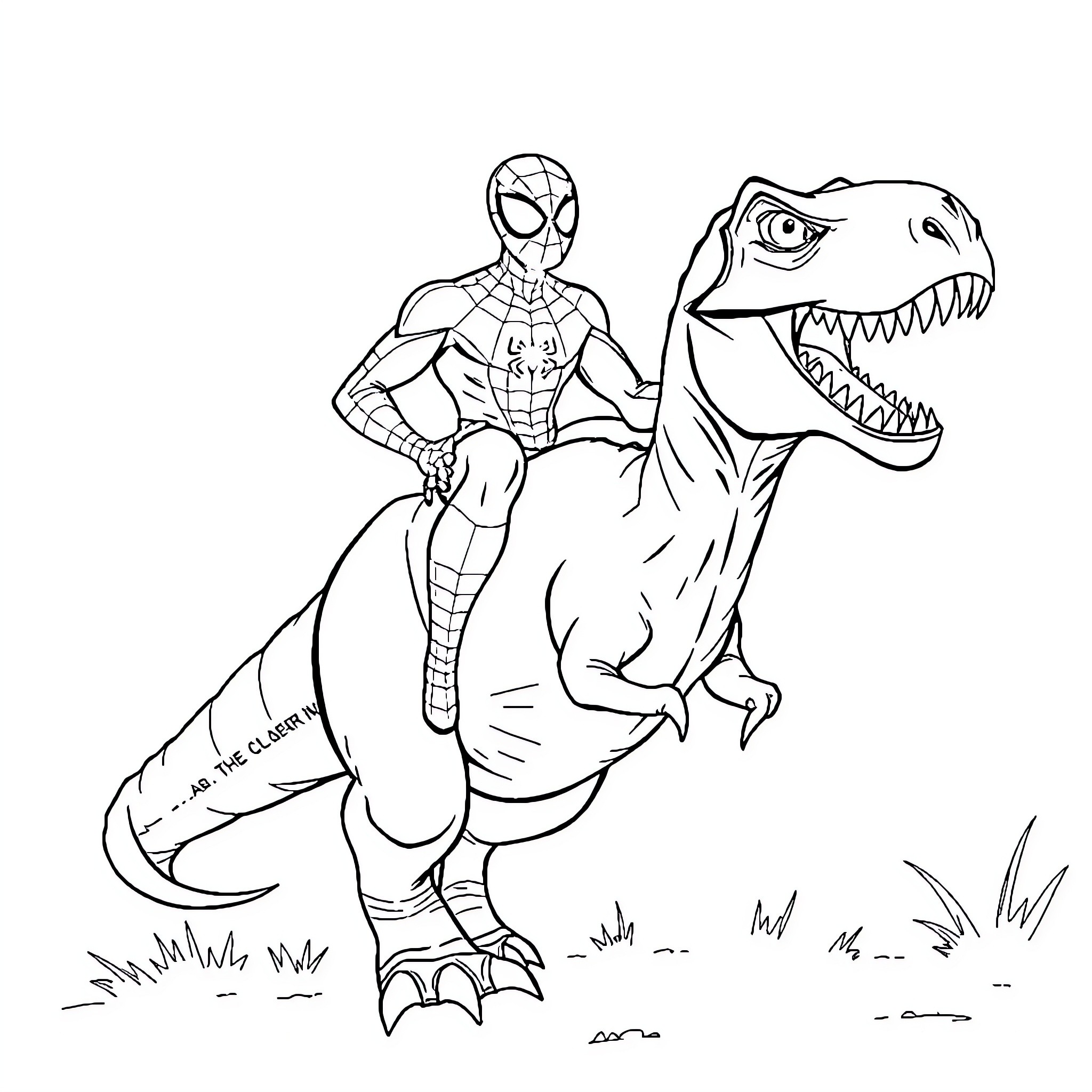 Spiderman riding a T-Rex dinosaur Coloring Page (free black-and-white line drawing printable PDF for all, from beginners to advanced learners, including children, teens, adults, and seniors)