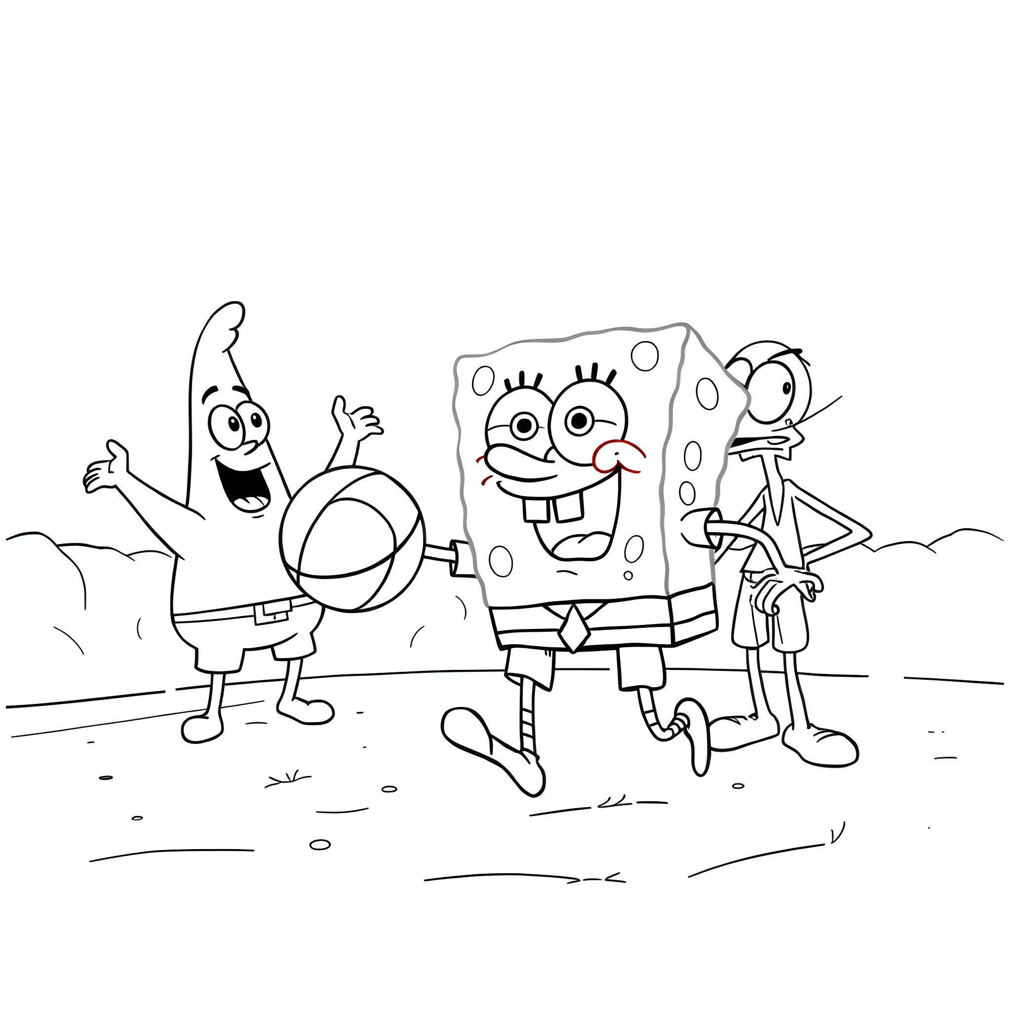 Spongebob and friends having a playful adventure Coloring Page (free black-and-white line drawing printable PDF for all, from beginners to advanced learners, including children, teens, adults, and seniors)