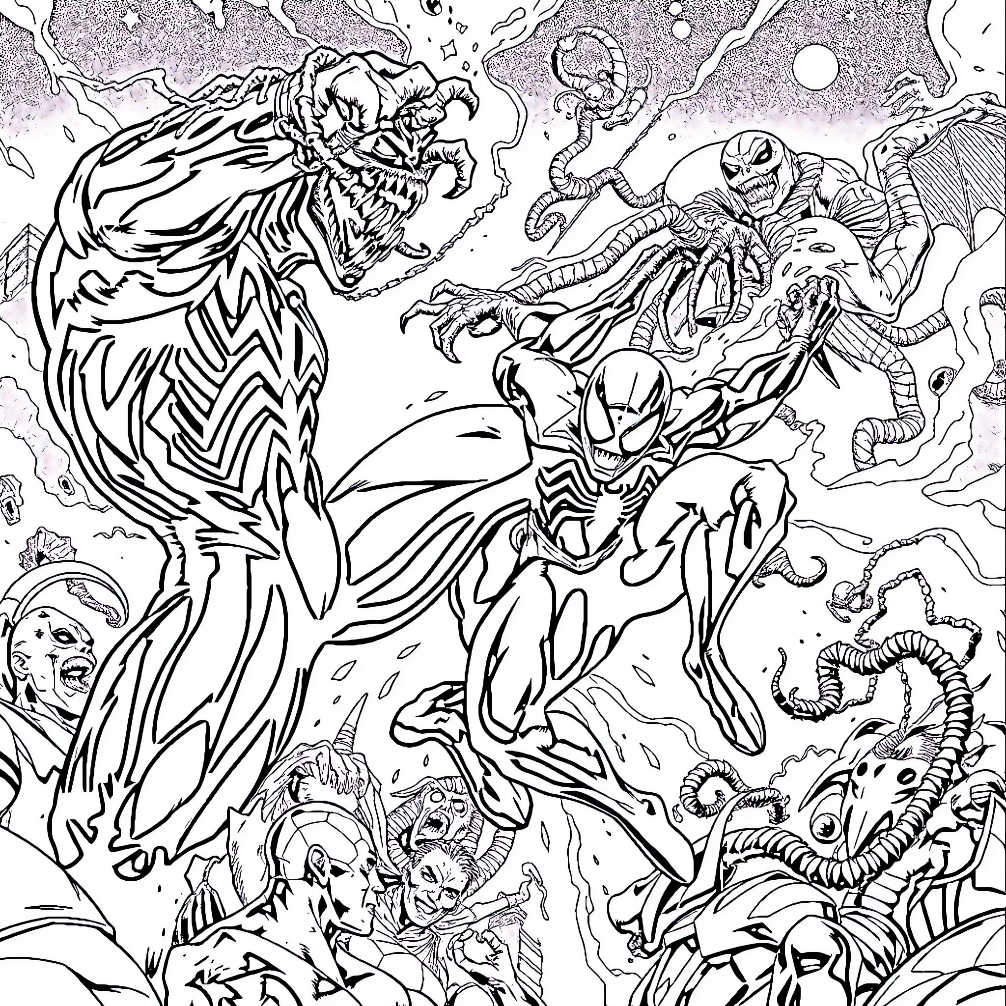 Spider-Man fighting monstrous villains in epic battle Coloring Page (free black-and-white line drawing printable PDF for all, from beginners to advanced learners, including children, teens, adults, and seniors)