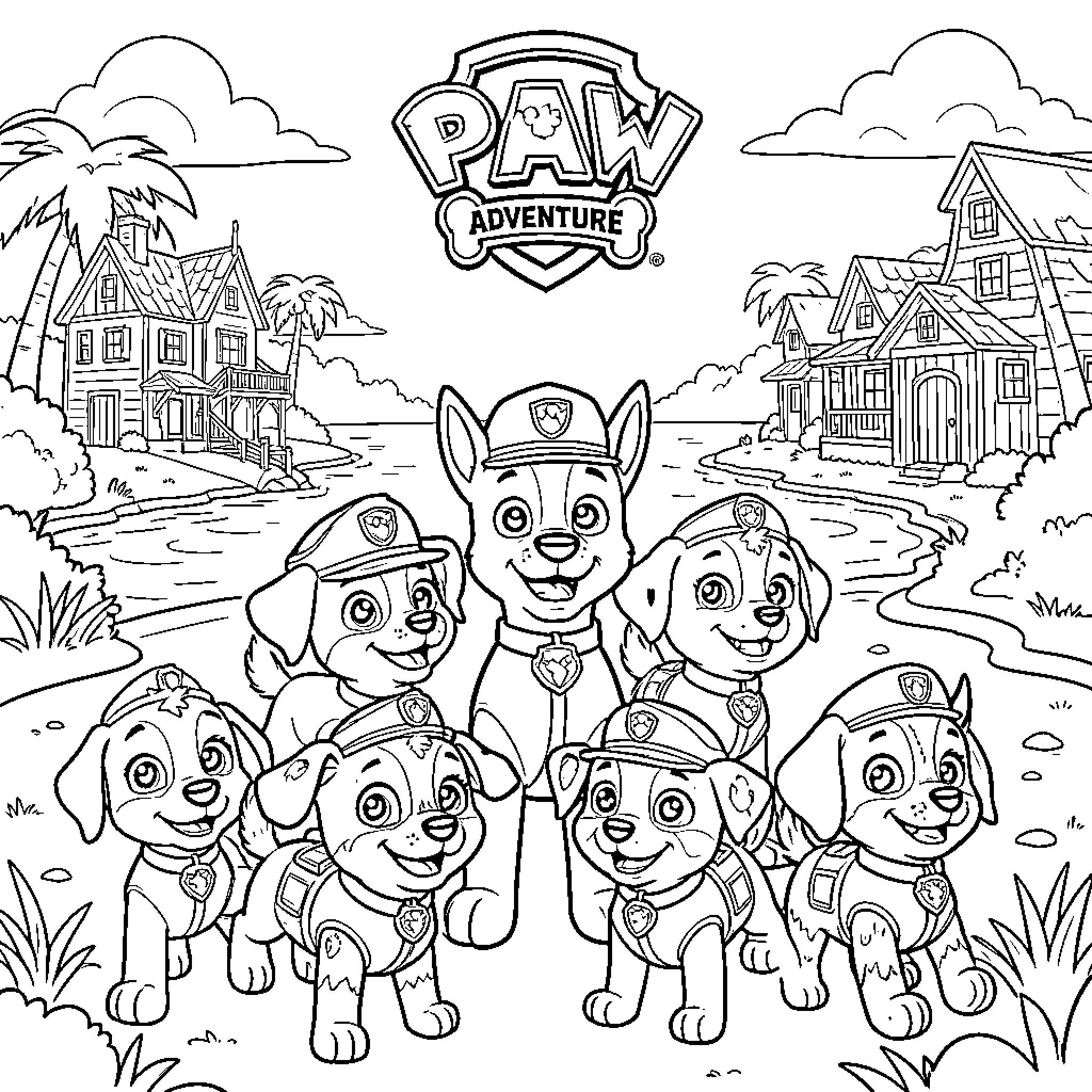 Paw Patrol Adventure with Puppies Coloring Page (free black-and-white line drawing printable PDF for all, from beginners to advanced learners, including children, teens, adults, and seniors)