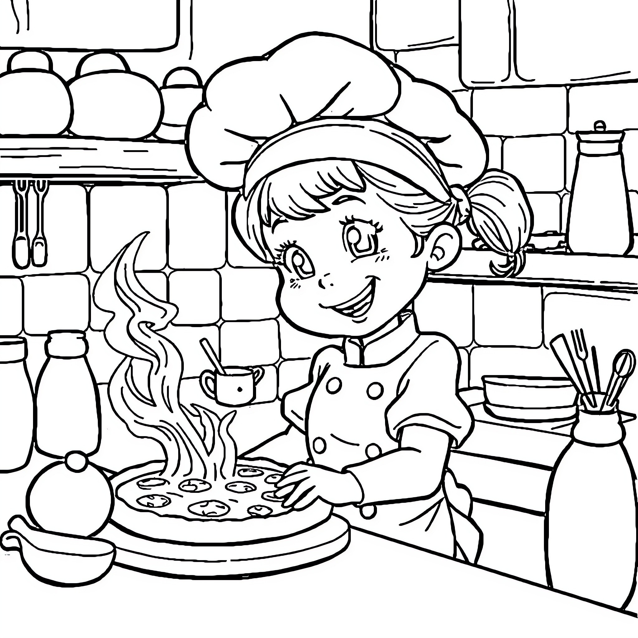 Chef Preparing Delicious Meal in Kitchen Coloring Page (free black-and-white line drawing printable PDF for all, from beginners to advanced learners, including children, teens, adults, and seniors)