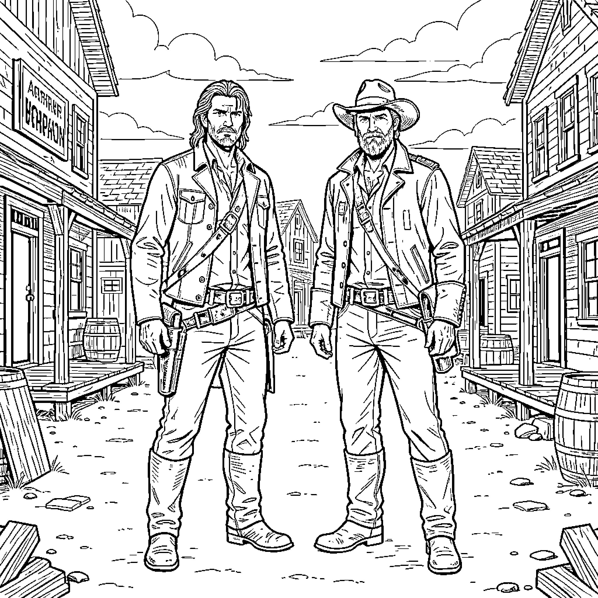 Arthur Morgan and John Marston in the Wild West Coloring Page (free black-and-white line drawing printable PDF for all, from beginners to advanced learners, including children, teens, adults, and seniors)