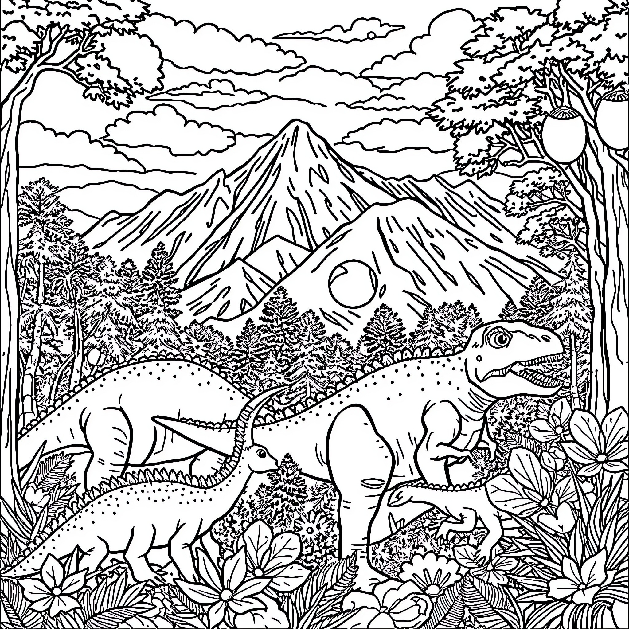Dinosaurs roaming through lush prehistoric landscape Coloring Page (free black-and-white line drawing printable PDF for all, from beginners to advanced learners, including children, teens, adults, and seniors)