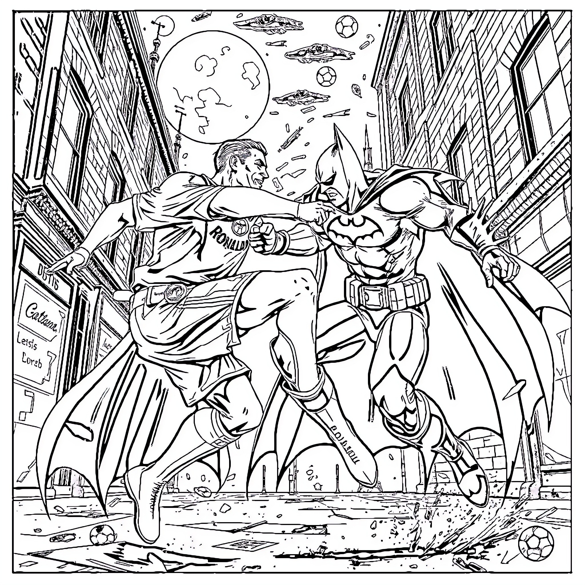 Batman in Epic Clash with Villainous Foe Coloring Page (free black-and-white line drawing printable PDF for all, from beginners to advanced learners, including children, teens, adults, and seniors)