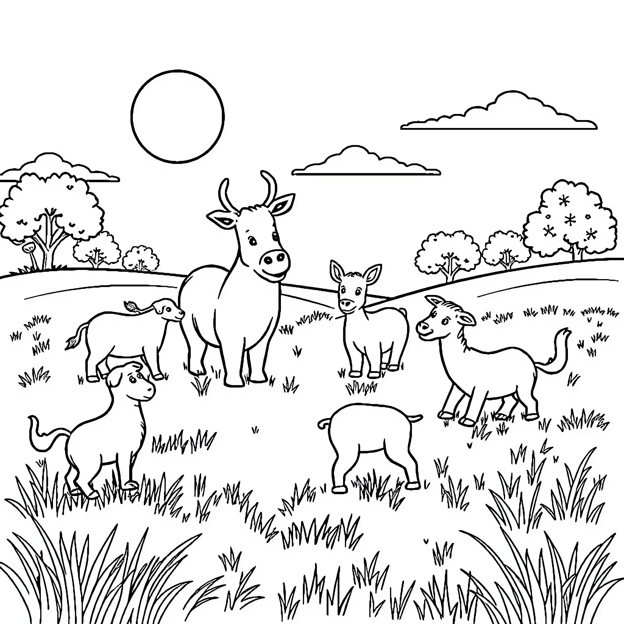 Animal Family Enjoys Peaceful Nature Scene Coloring Page (free black-and-white line drawing printable PDF for all, from beginners to advanced learners, including children, teens, adults, and seniors)