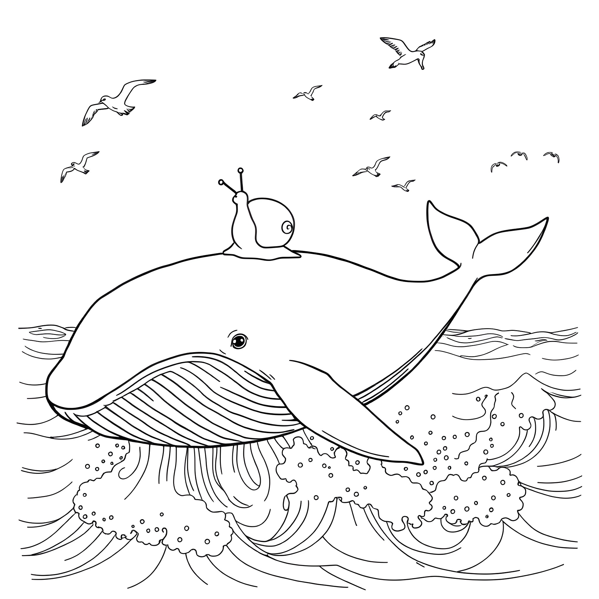 Snail riding on a playful whale in the ocean Coloring Page (free black-and-white line drawing printable PDF for all, from beginners to advanced learners, including children, teens, adults, and seniors)