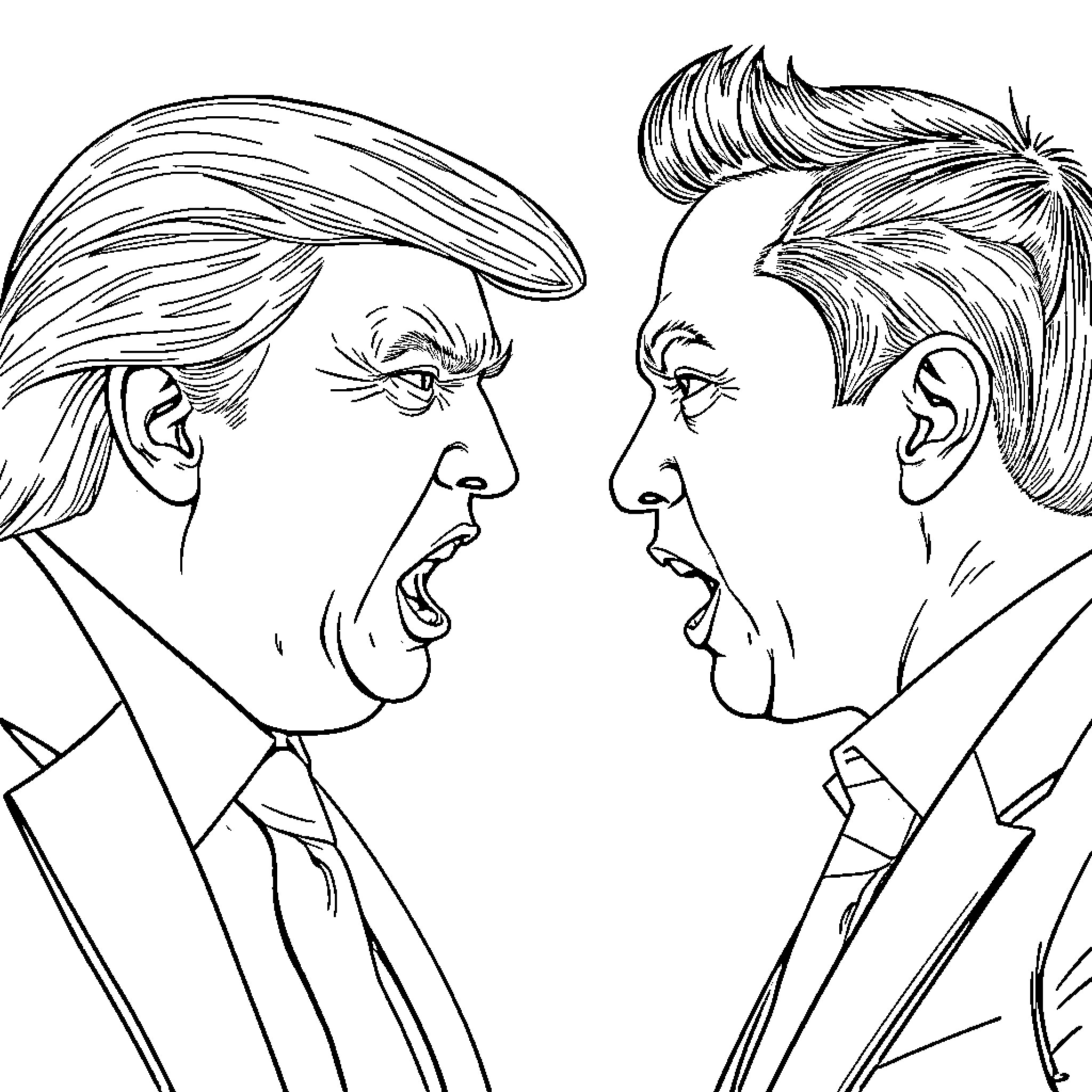 Donald Trump and an adversary in a heated confrontation Coloring Page (free black-and-white line drawing printable PDF for all, from beginners to advanced learners, including children, teens, adults, and seniors)