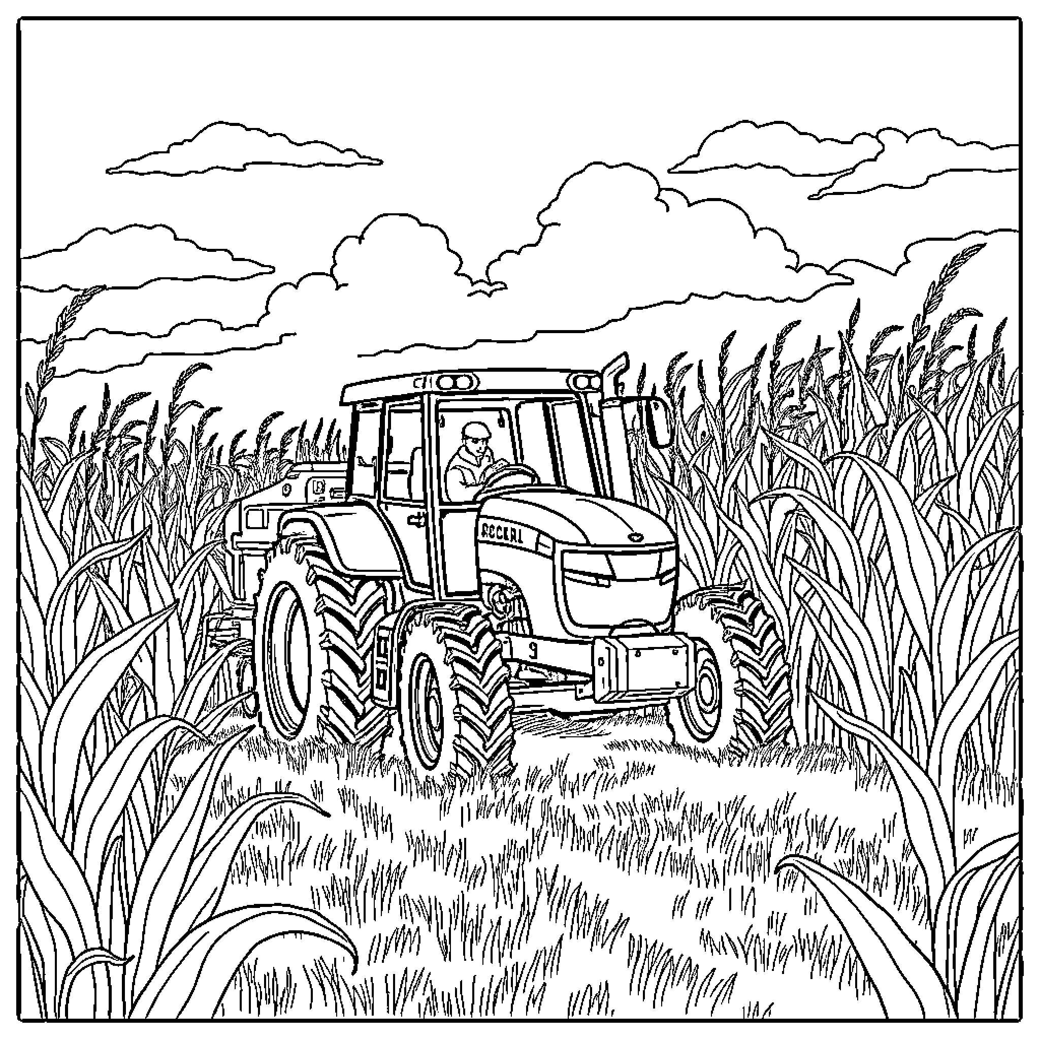 Tractor plowing through the tall grass field Coloring Page (free black-and-white line drawing printable PDF for all, from beginners to advanced learners, including children, teens, adults, and seniors)