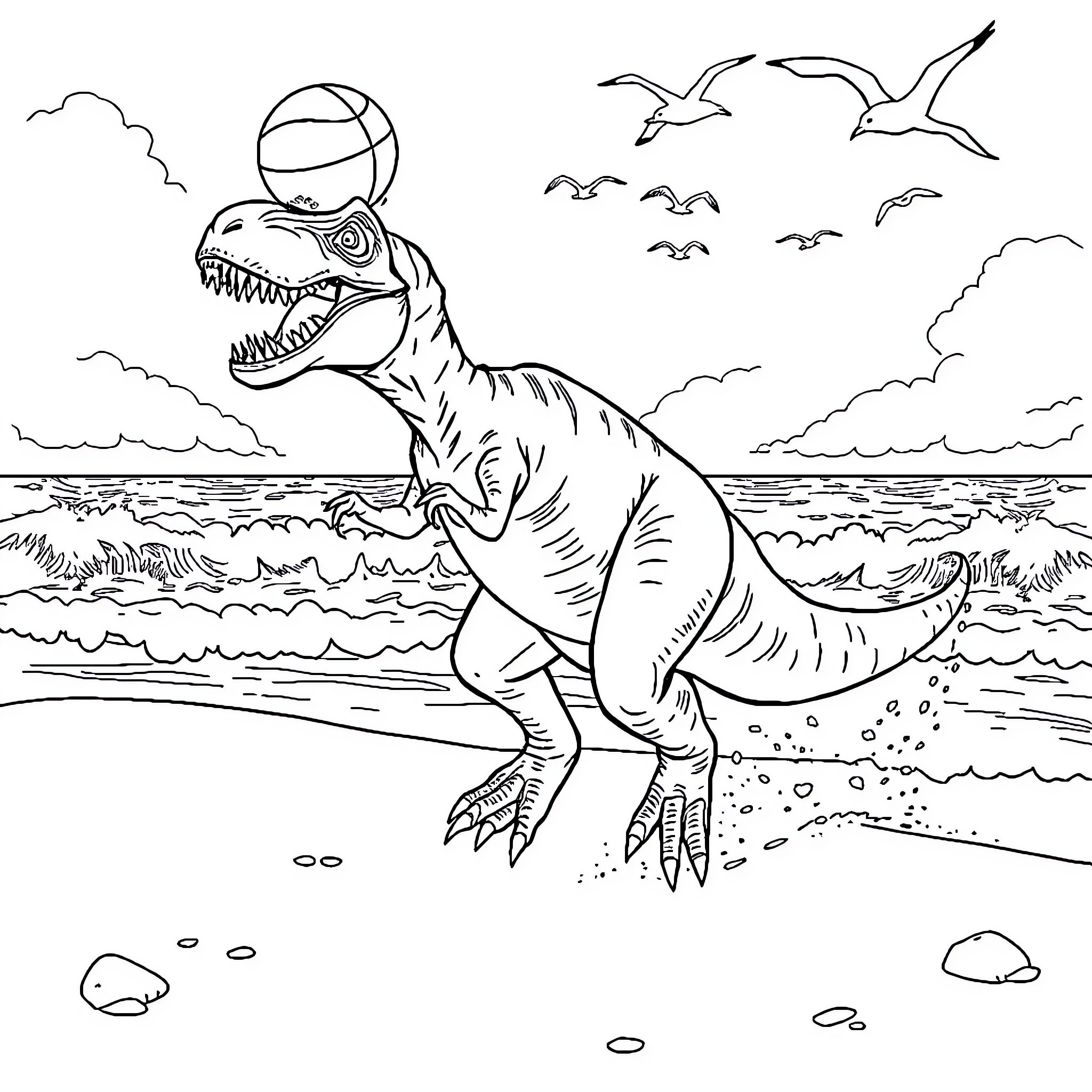 Trex exploring the beach and flying seabirds Coloring Page (free black-and-white line drawing printable PDF for all, from beginners to advanced learners, including children, teens, adults, and seniors)