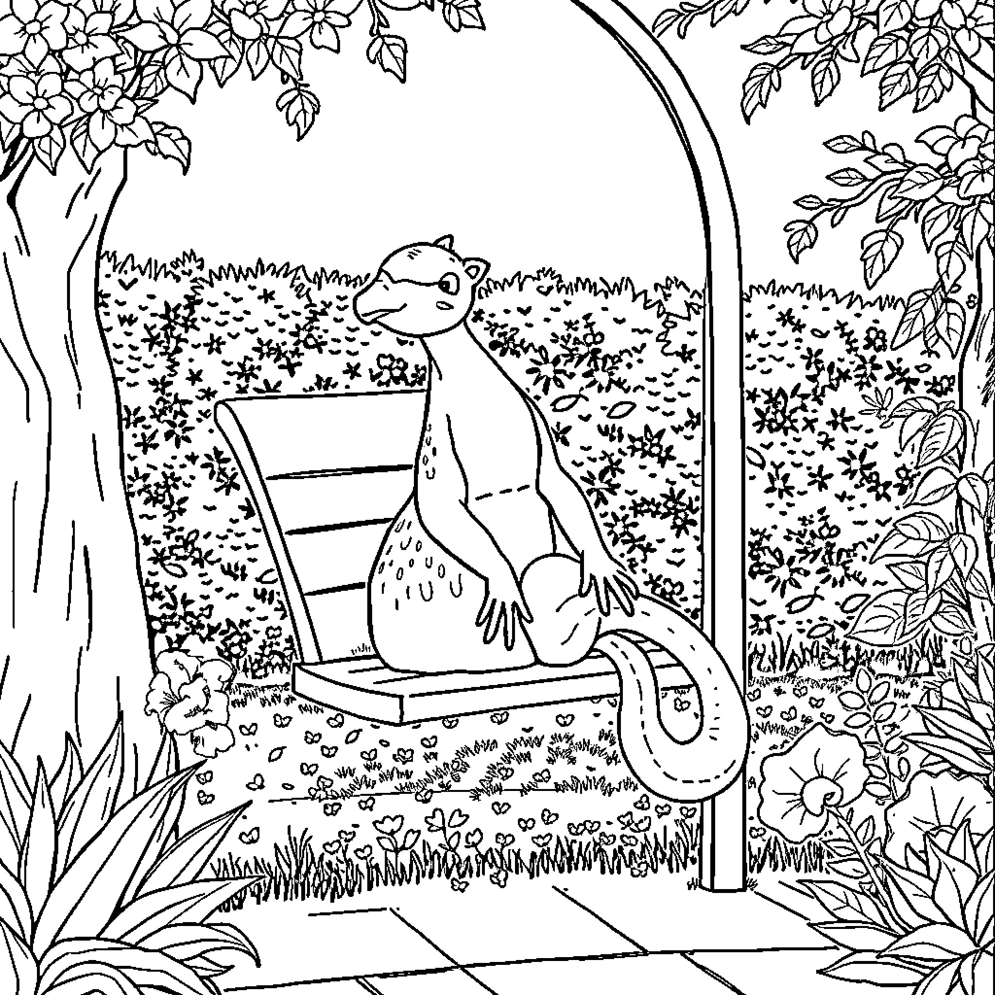 Mermaid sitting on a bench in a lush garden Coloring Page (free black-and-white line drawing printable PDF for all, from beginners to advanced learners, including children, teens, adults, and seniors)